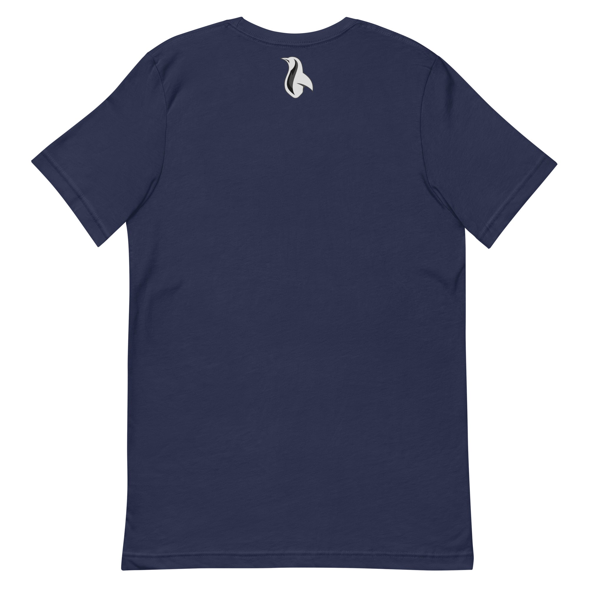 a dark blue t - shirt with a white bird on it