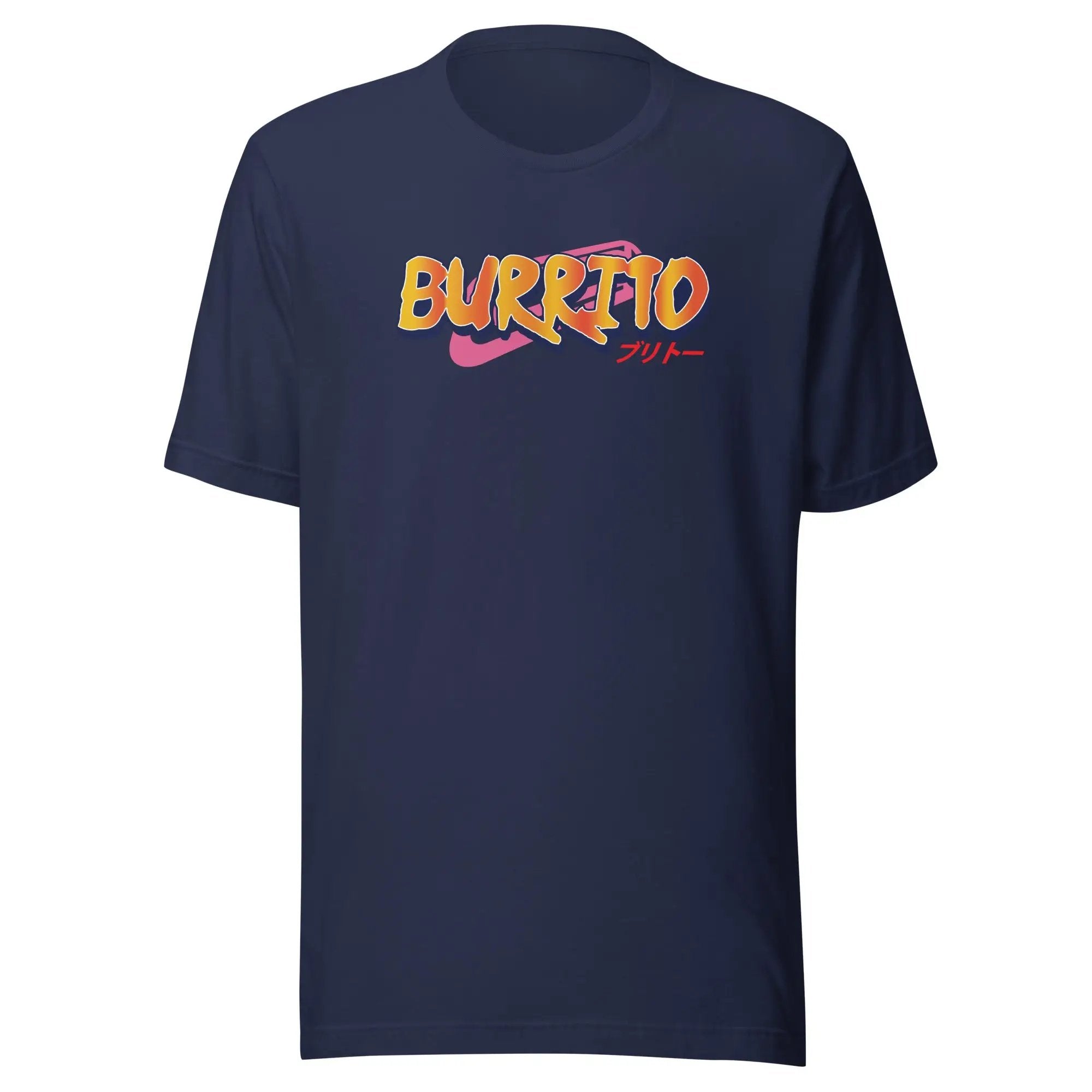 a dark blue shirt with the word burrito printed on it
