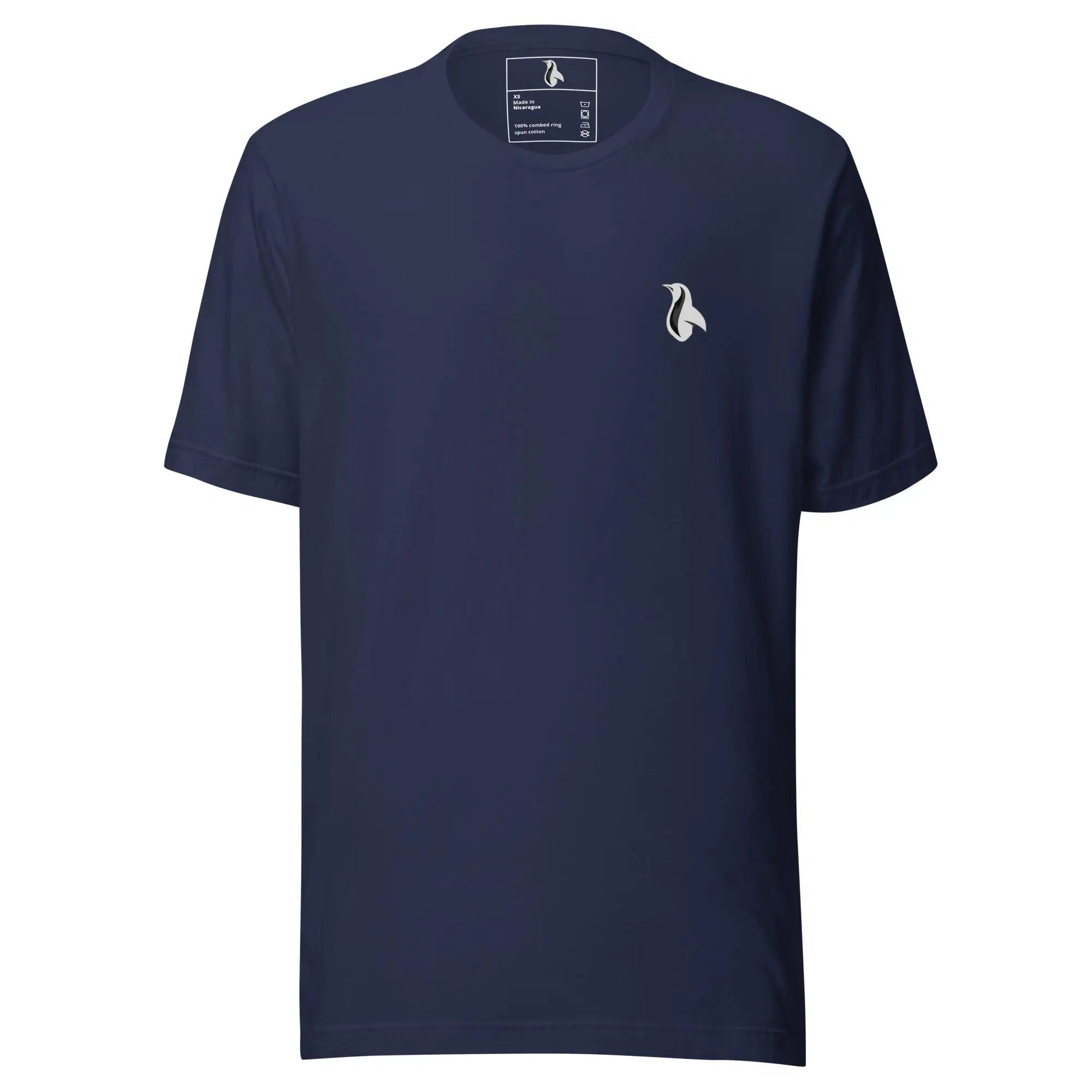 a dark blue t - shirt with a white logo on the chest