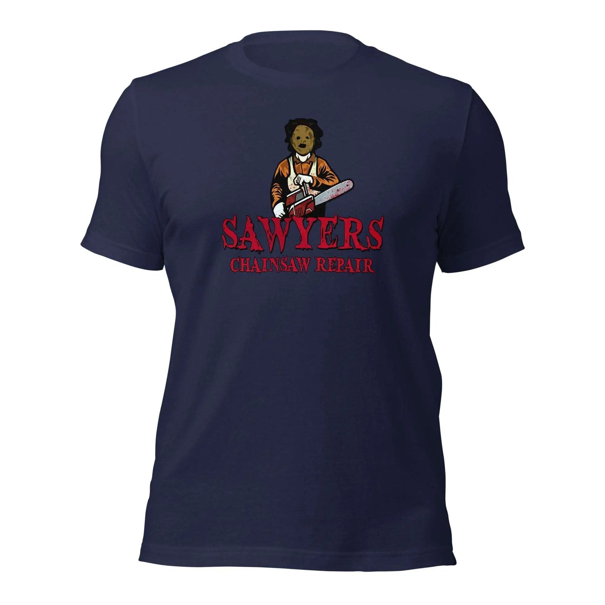 a navy t - shirt with a picture of a man holding a baseball bat