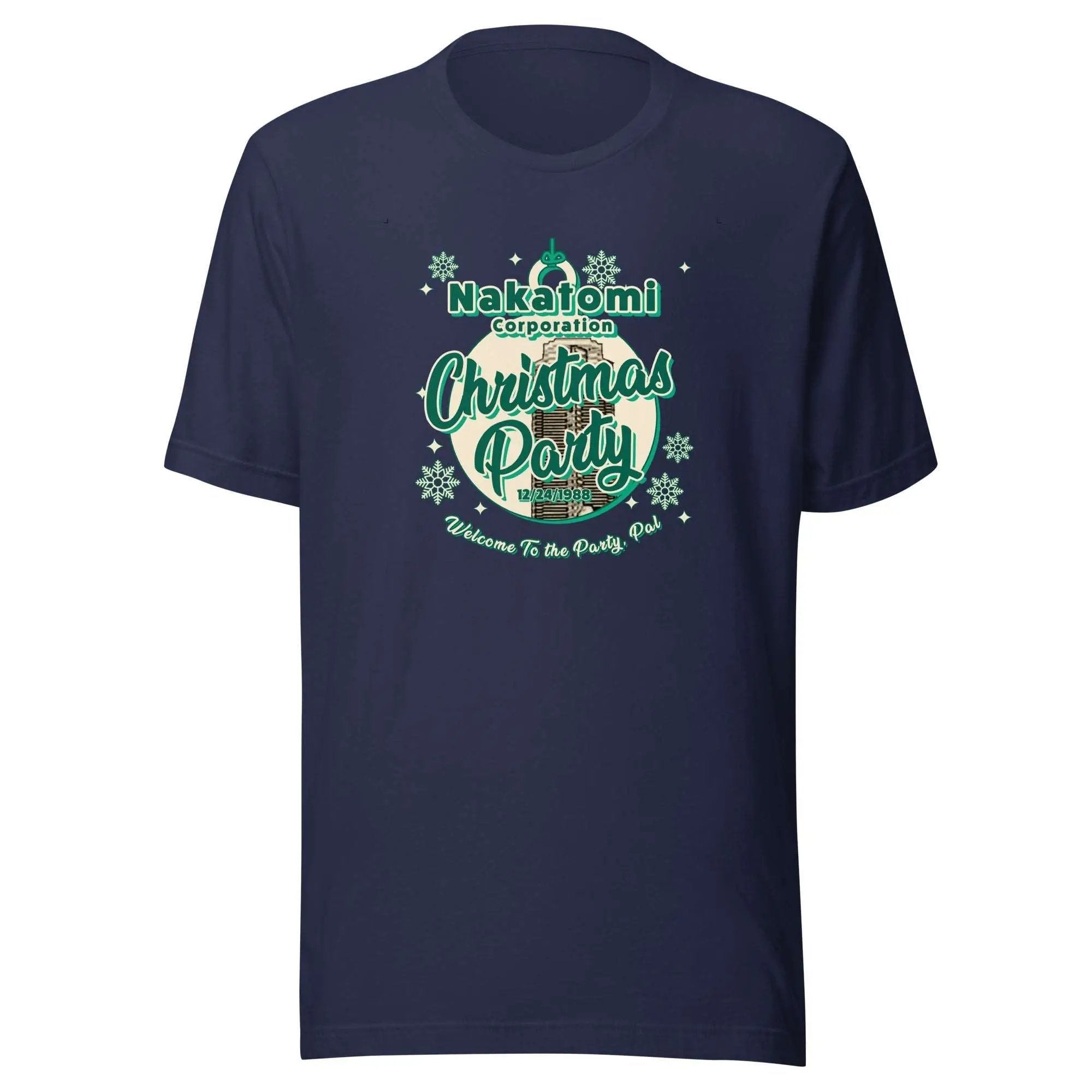 a navy t - shirt with a christmas party design