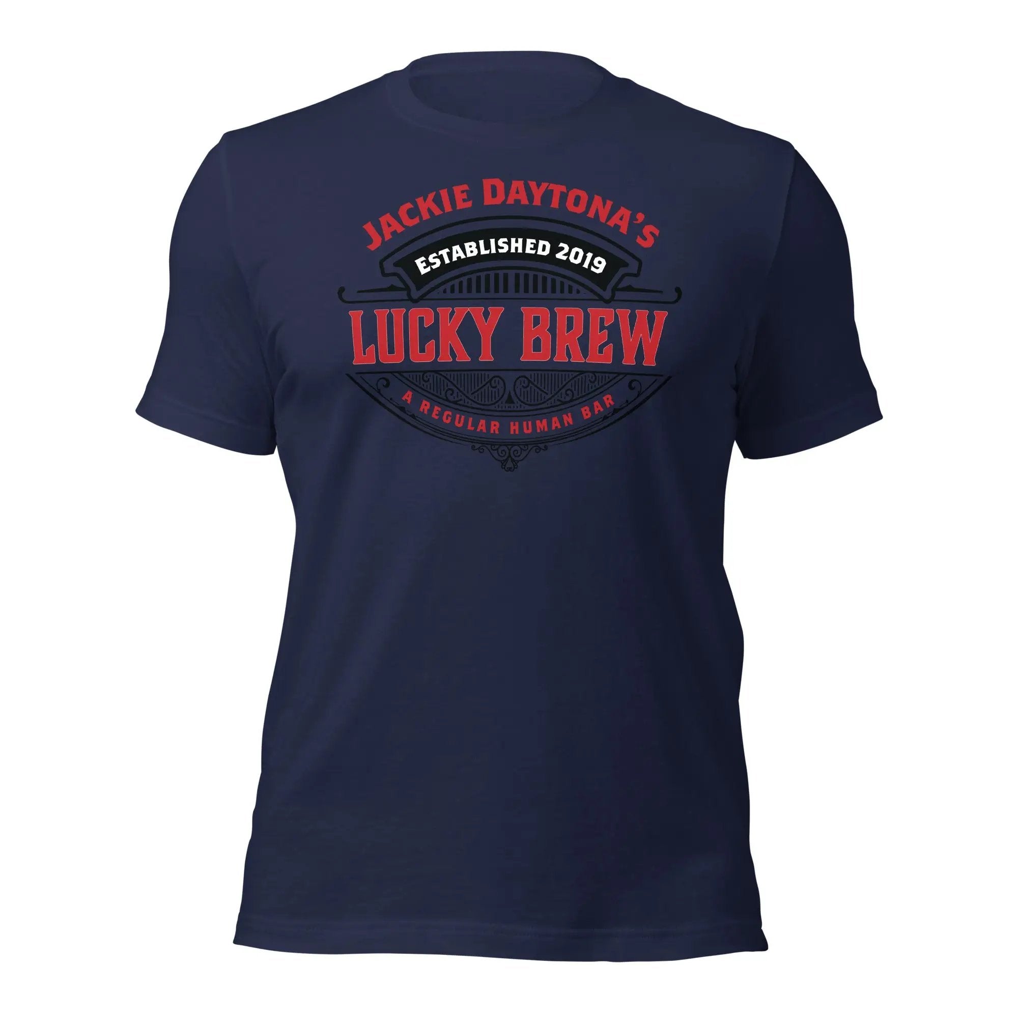 a navy t - shirt with the words lucky brew on it