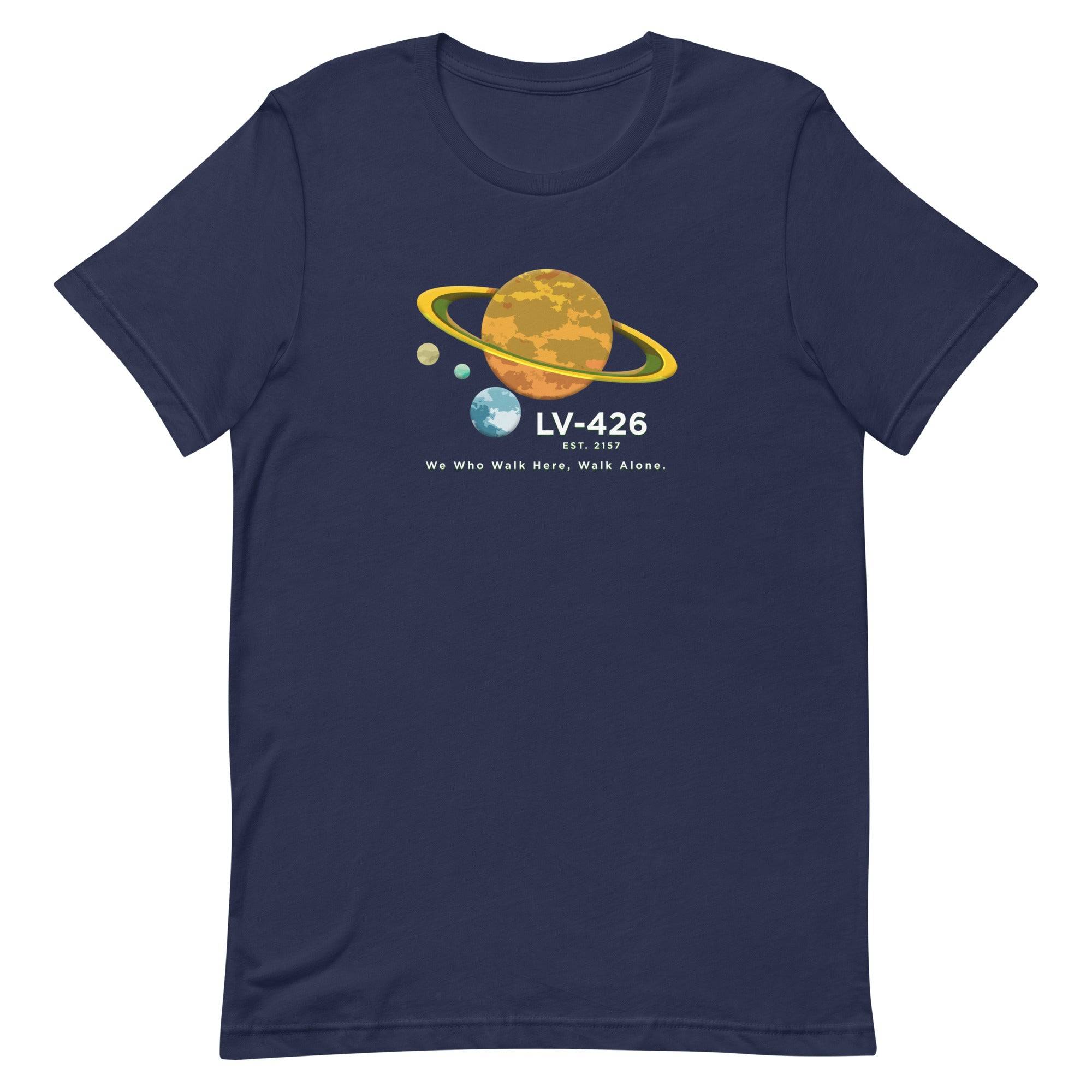 a navy t - shirt with an image of the planet and saturn