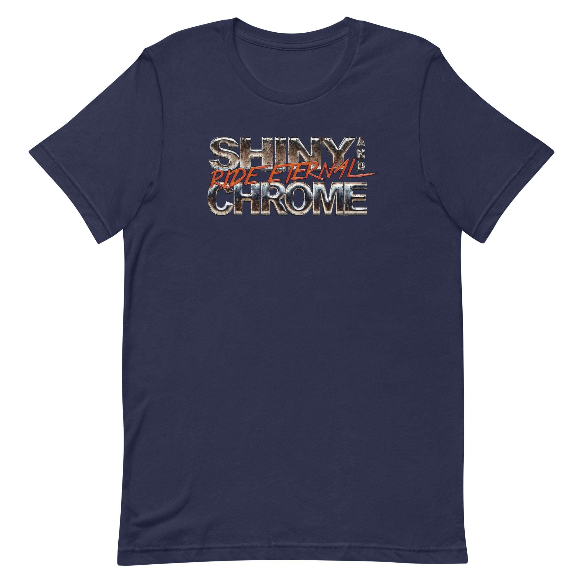 a navy shirt with the words shine chrome on it