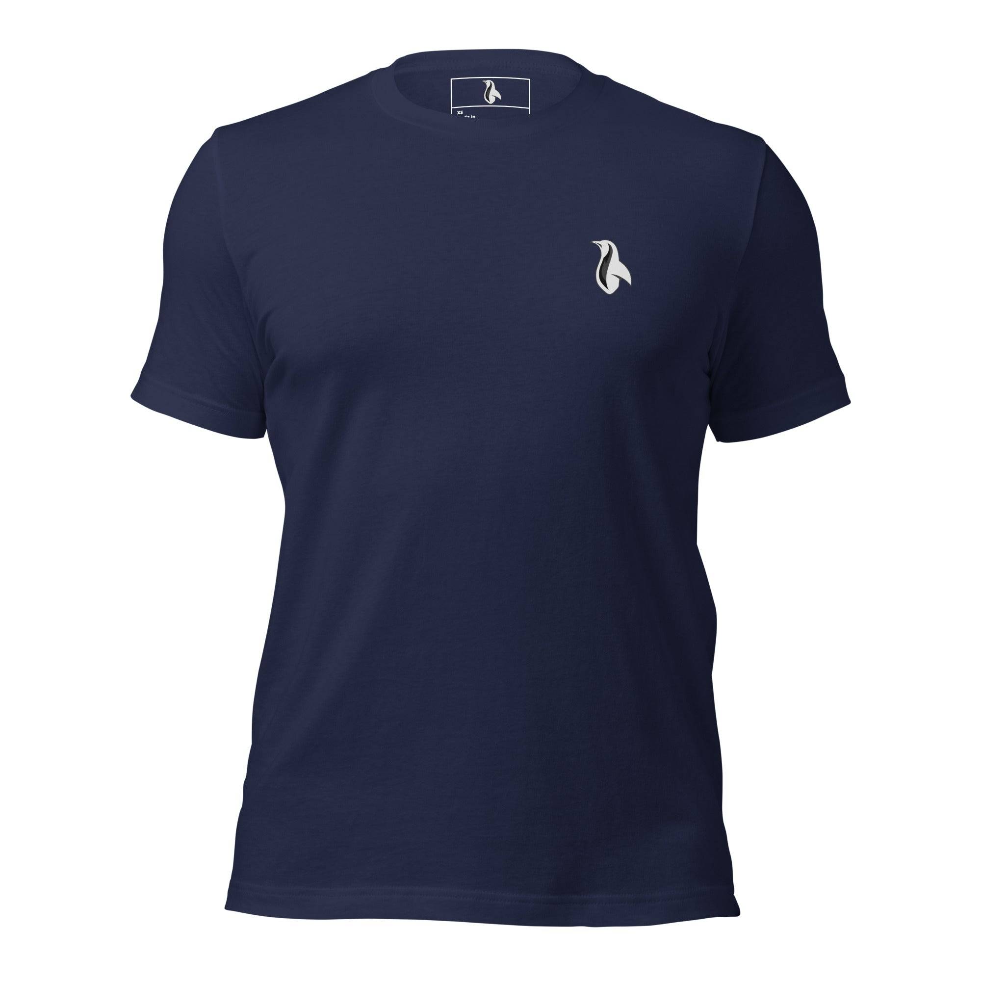 a navy t - shirt with a white logo on the chest
