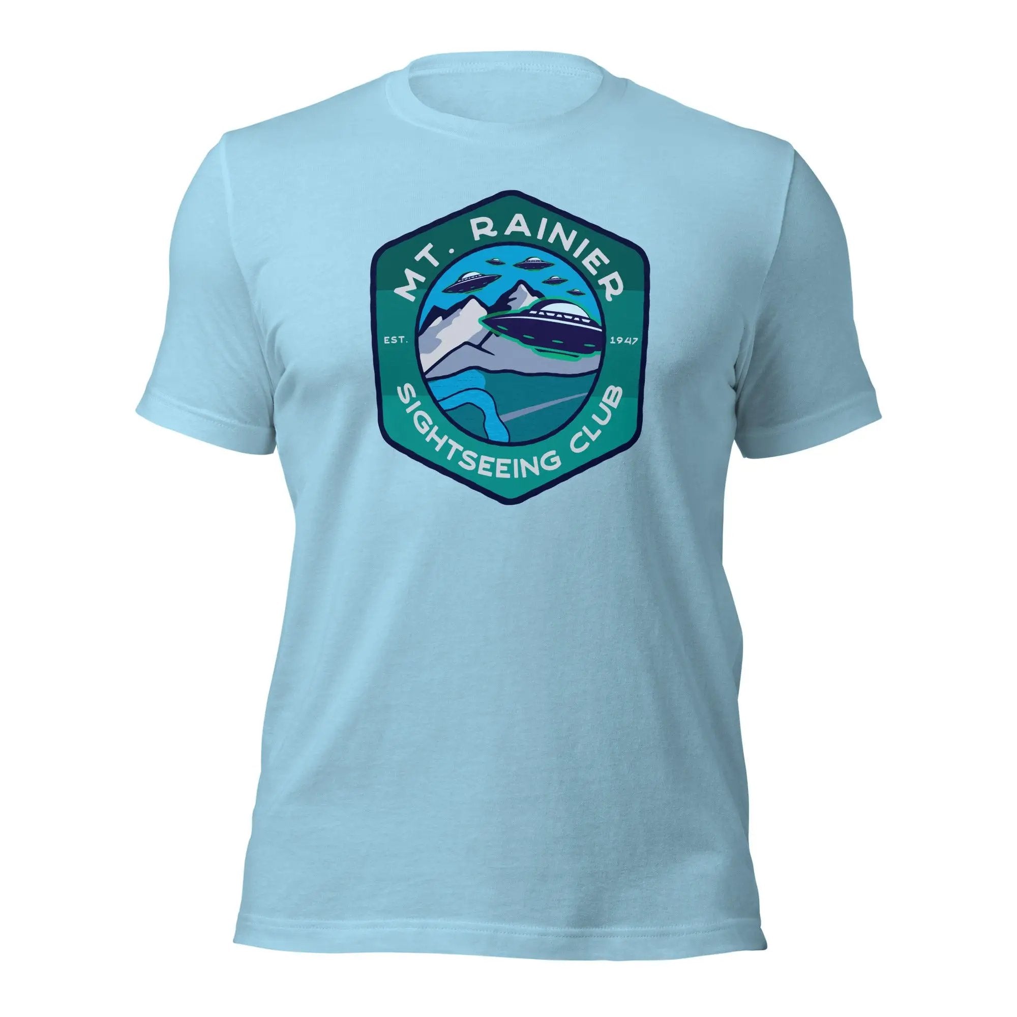 a light blue t - shirt with a picture of a boat on it