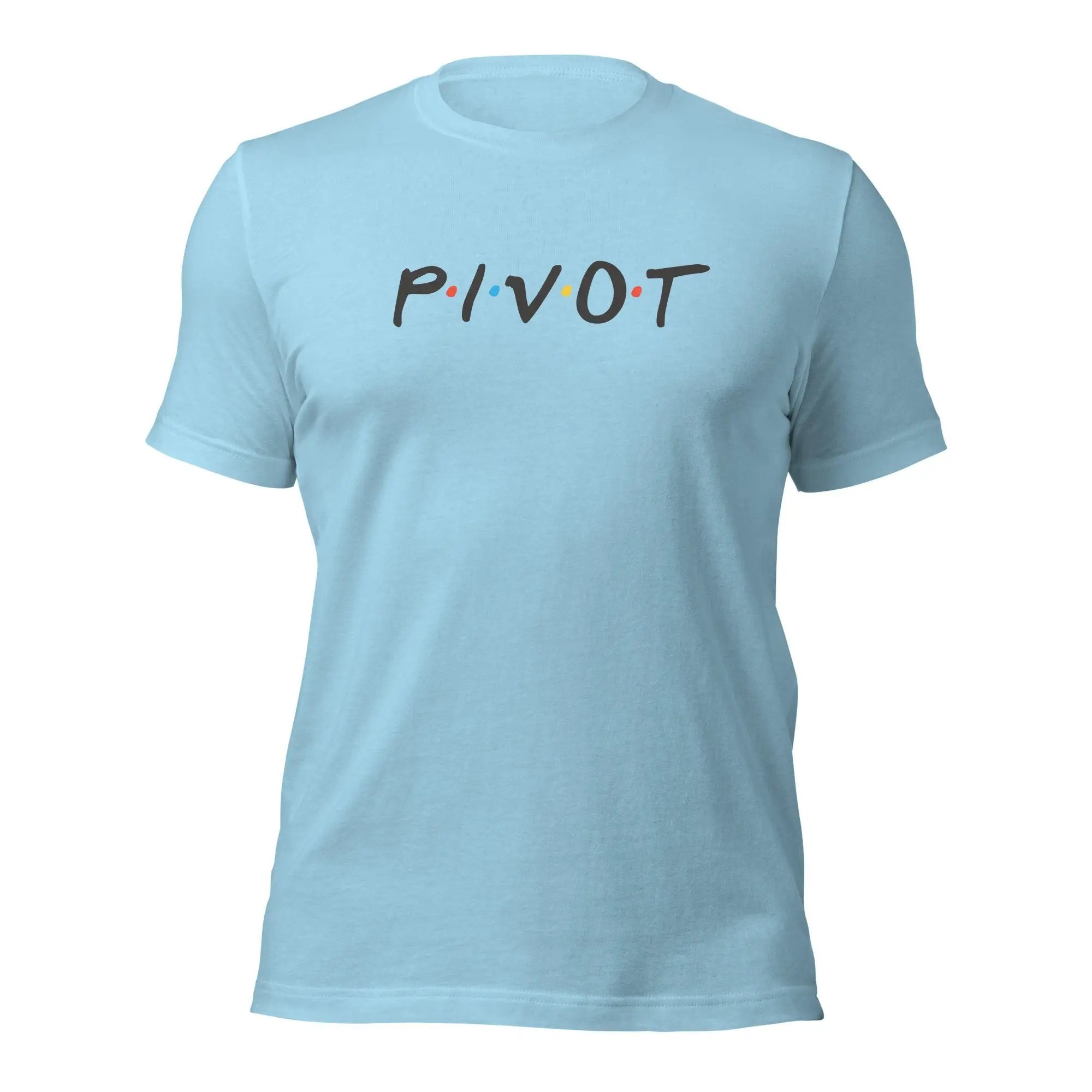 a light blue t - shirt with the word pivot printed on it