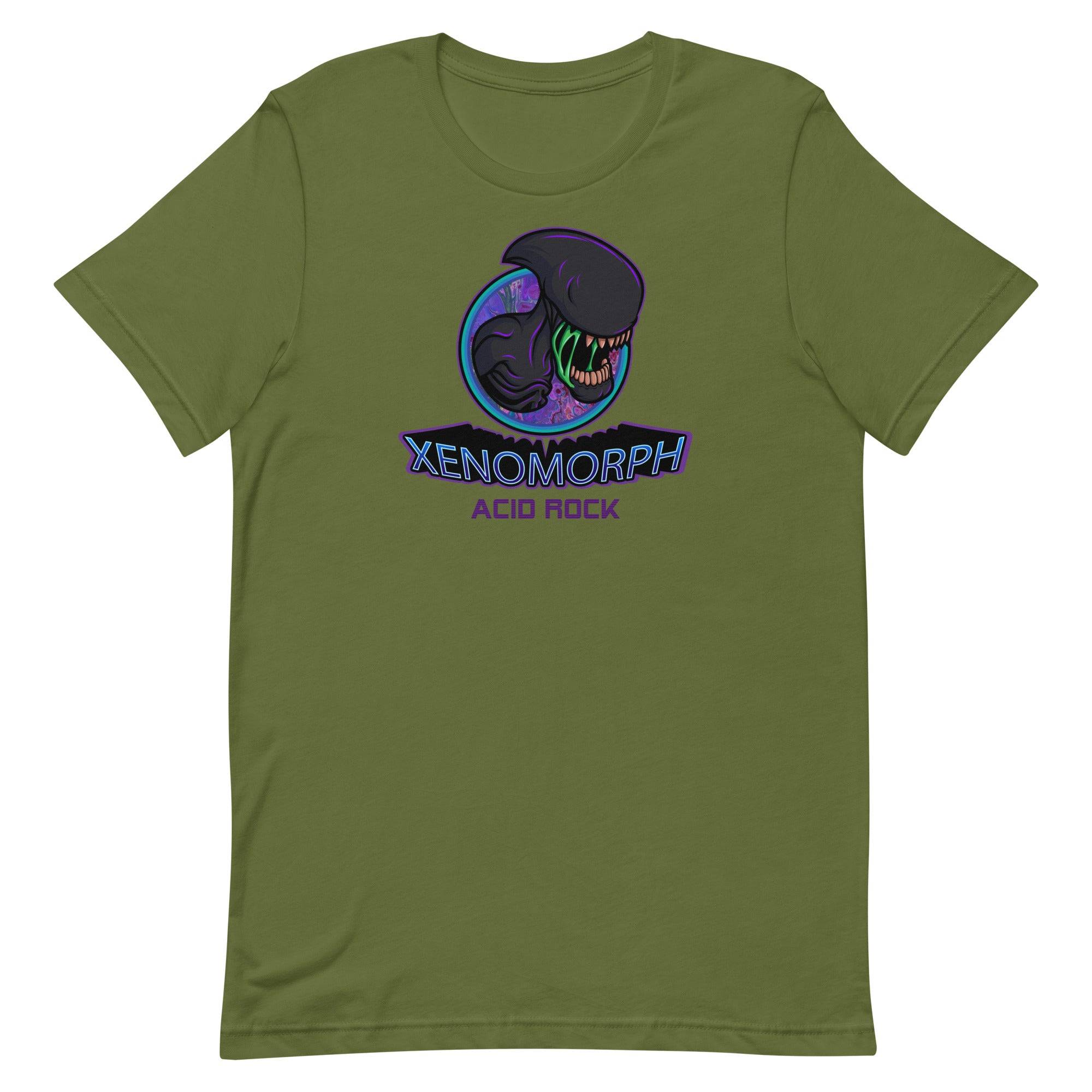 a green t - shirt with an image of a dinosaur and the words xeno