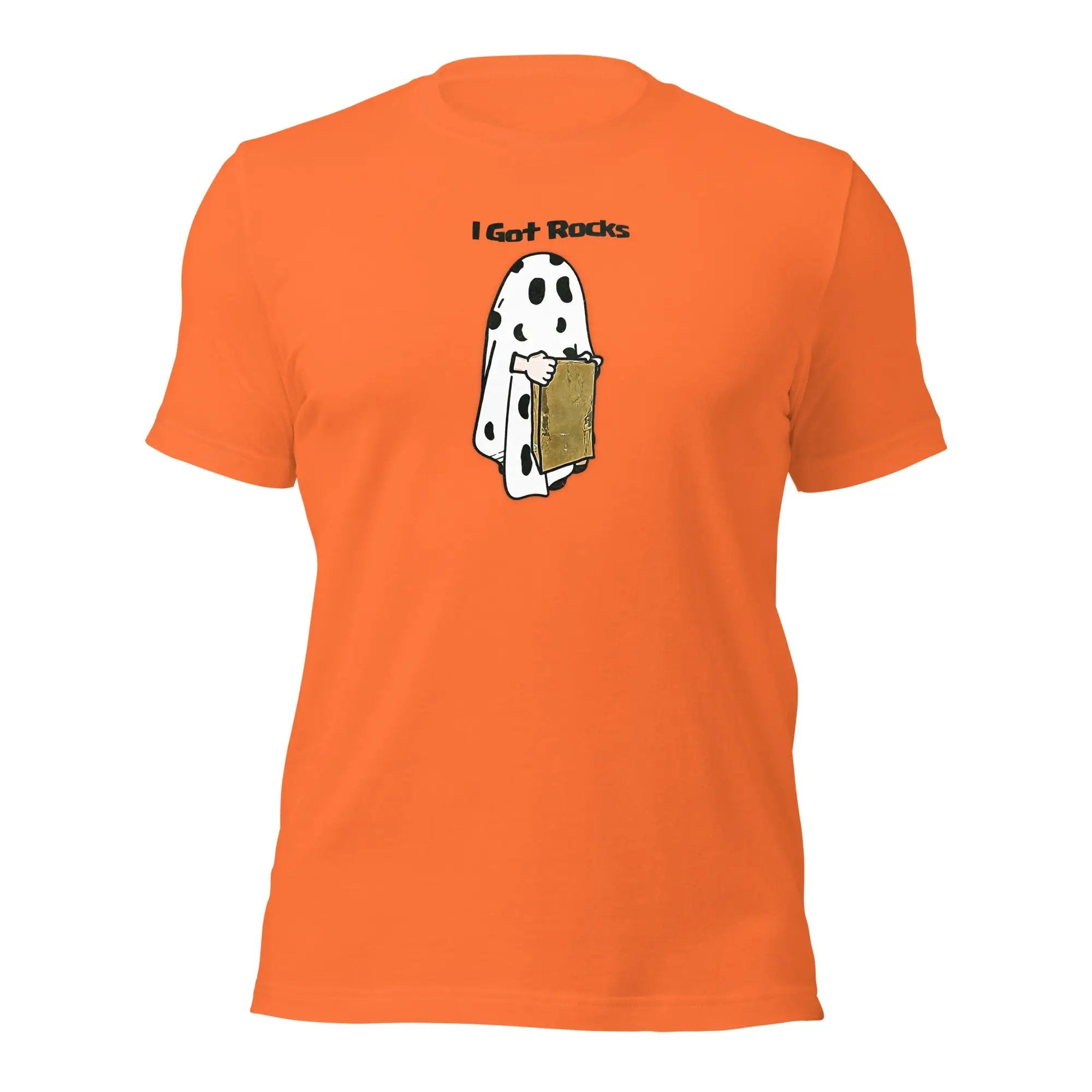 an orange t - shirt with a picture of a ghost in a pocket