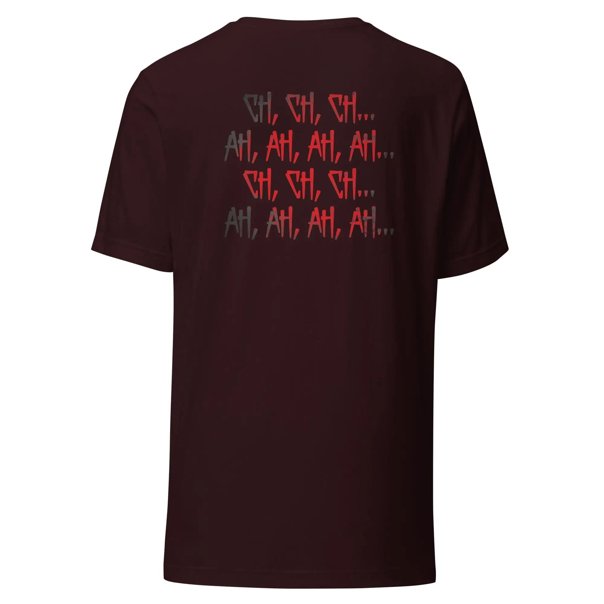 a maroon t - shirt with red and black letters