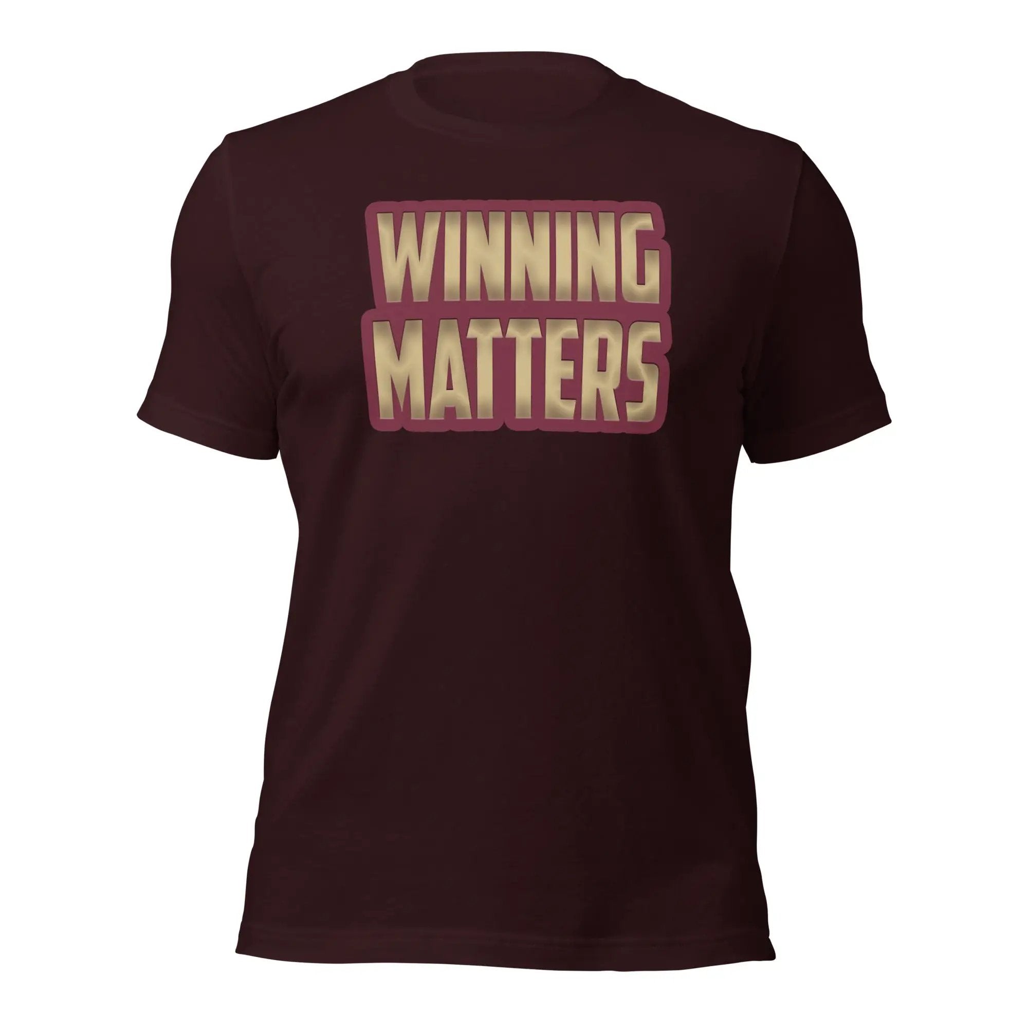 a maroon shirt with the words winning matters printed on it