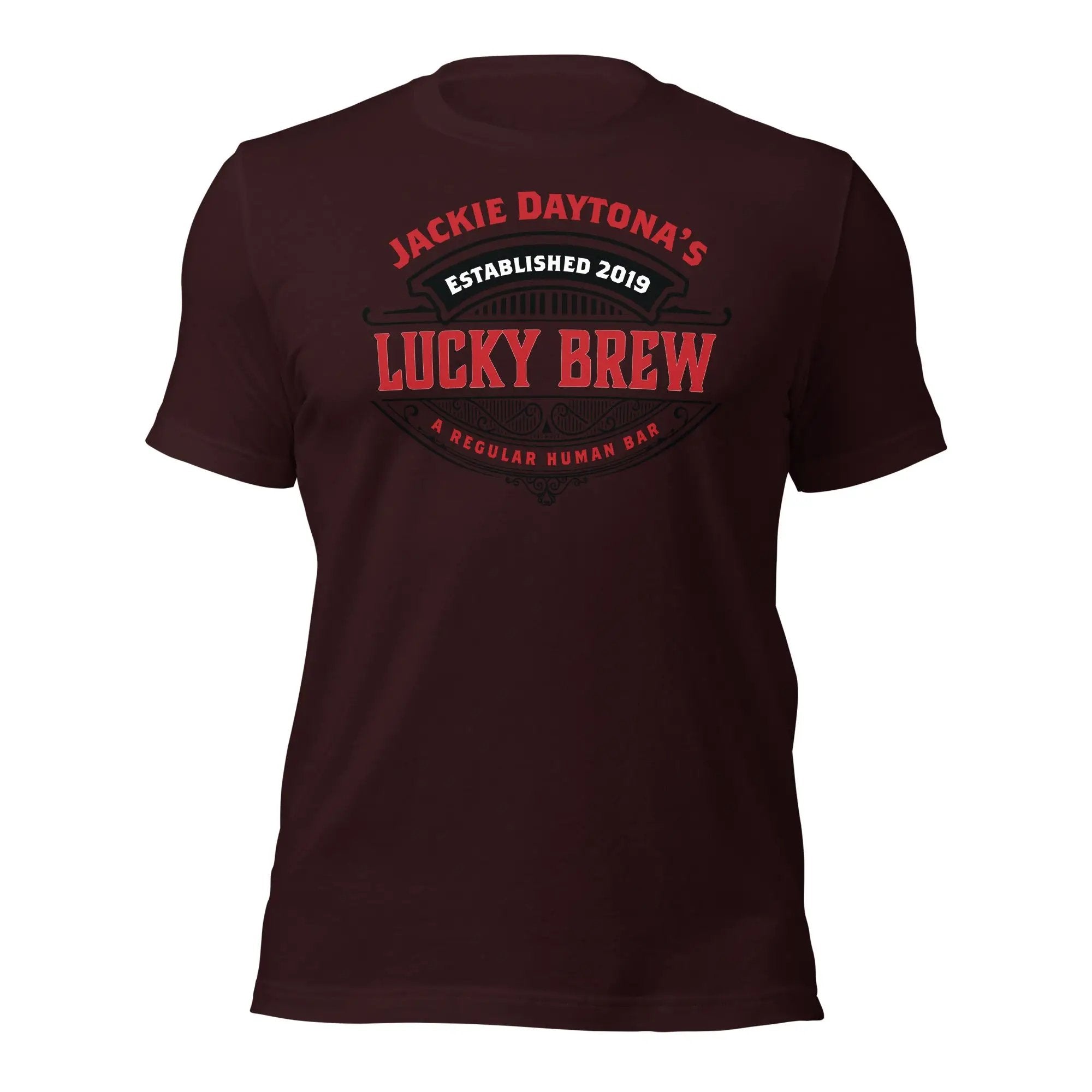 a maroon t - shirt with the name of the event
