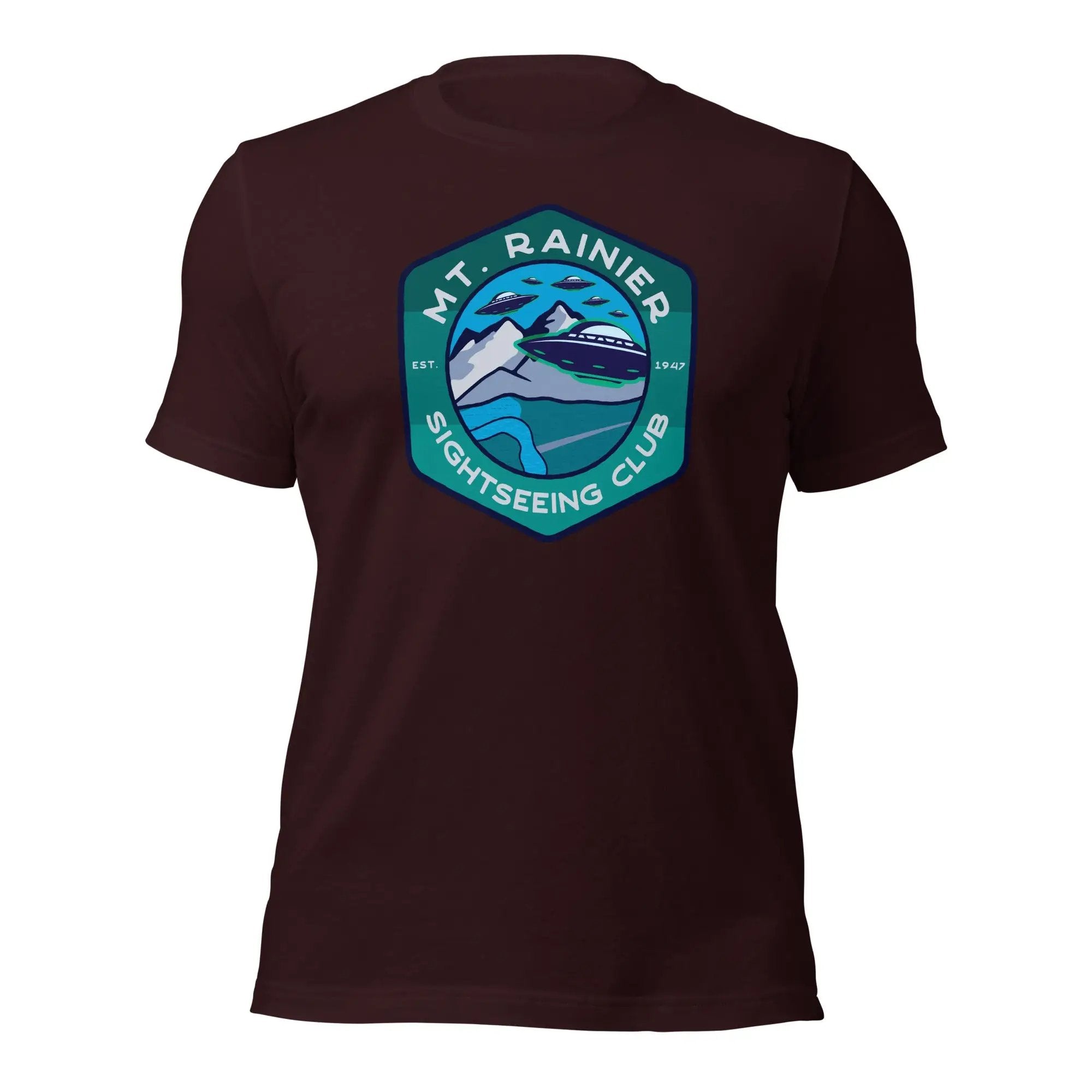 a maroon t - shirt with a green and blue logo