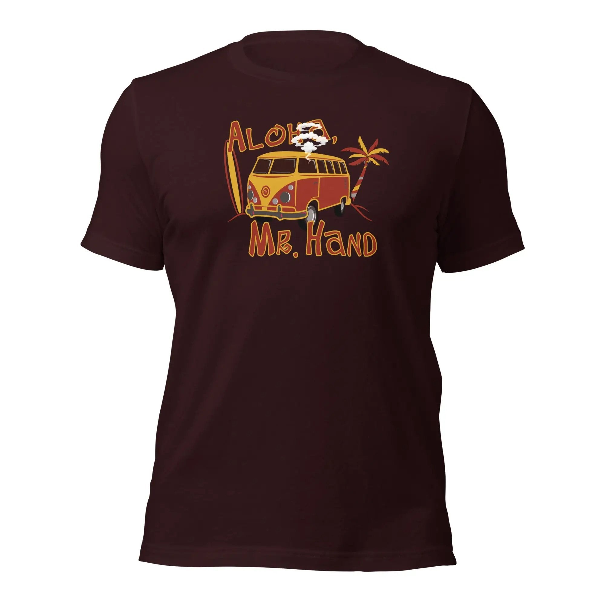 a maroon t - shirt with an image of a van on it