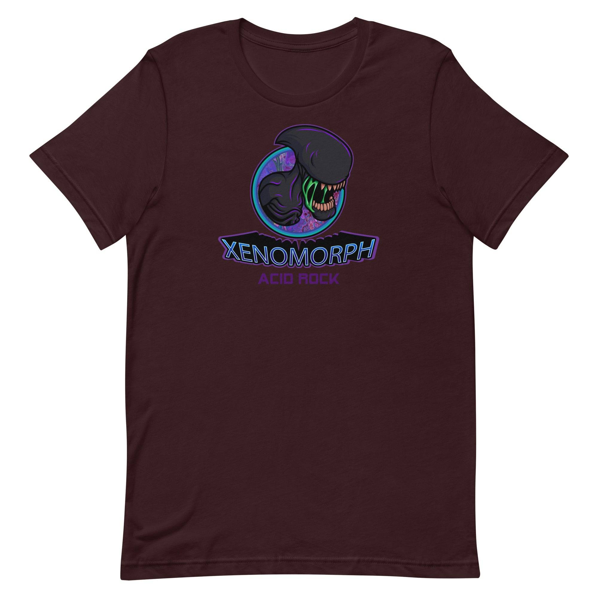 a maroon t - shirt with the words xenomorph and a dinosaur
