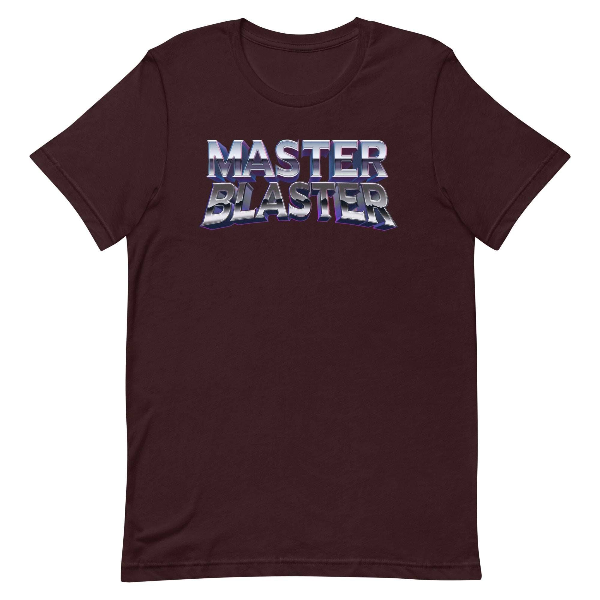 a maroon t - shirt with the words master blaster printed on it