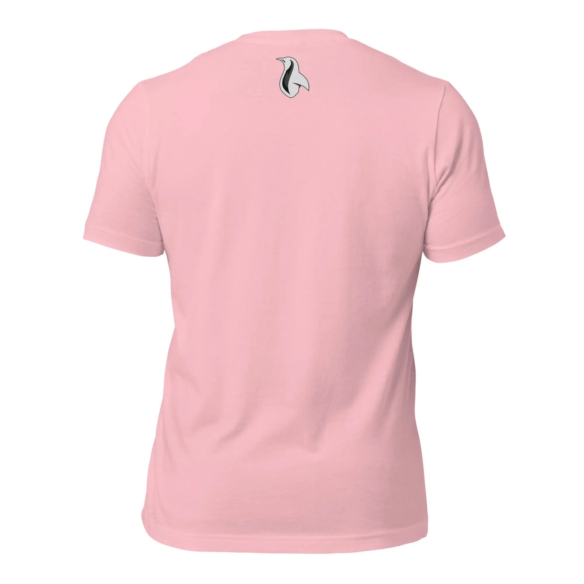 a pink shirt with a penguin on the back