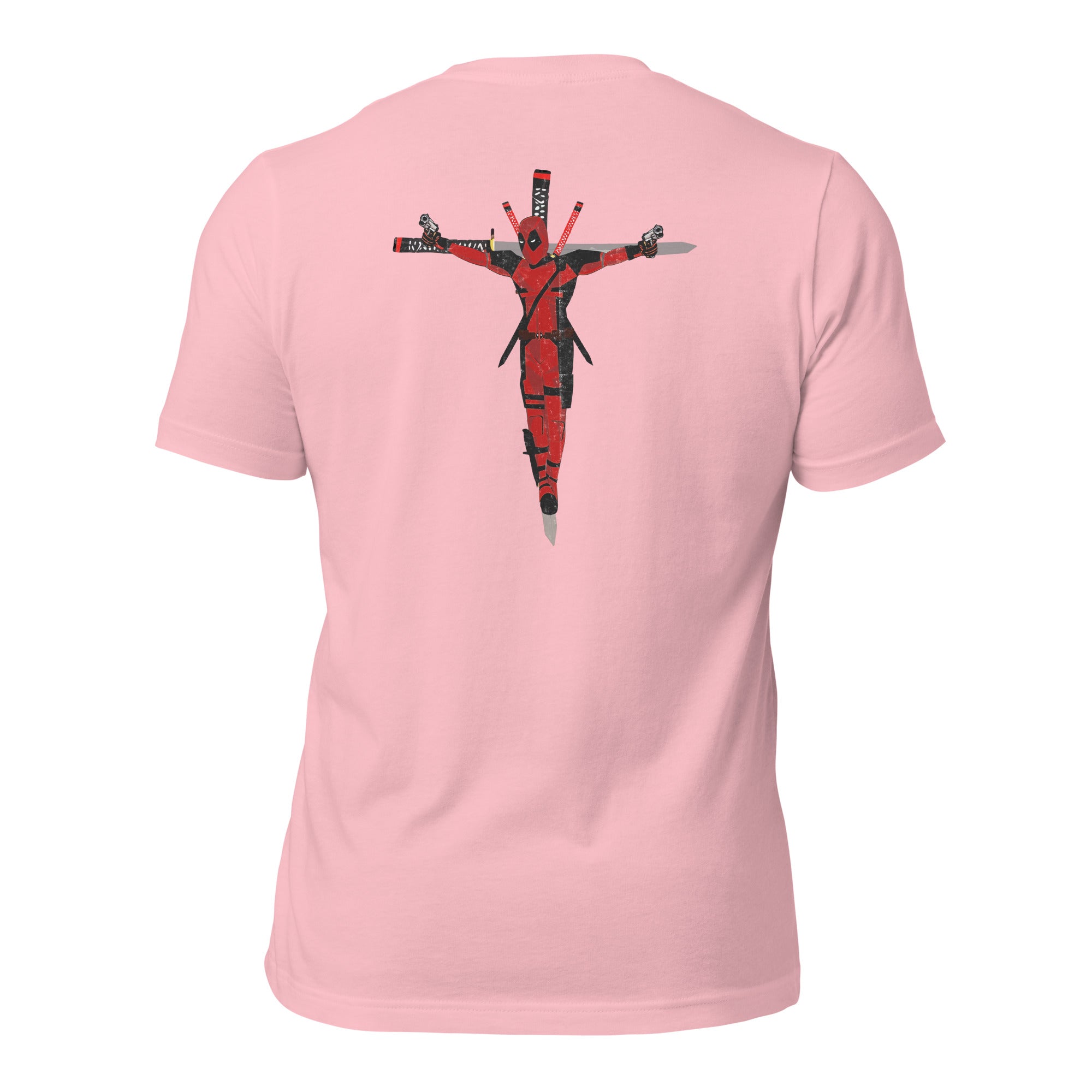 a women's pink t - shirt with a picture of jesus on the cross