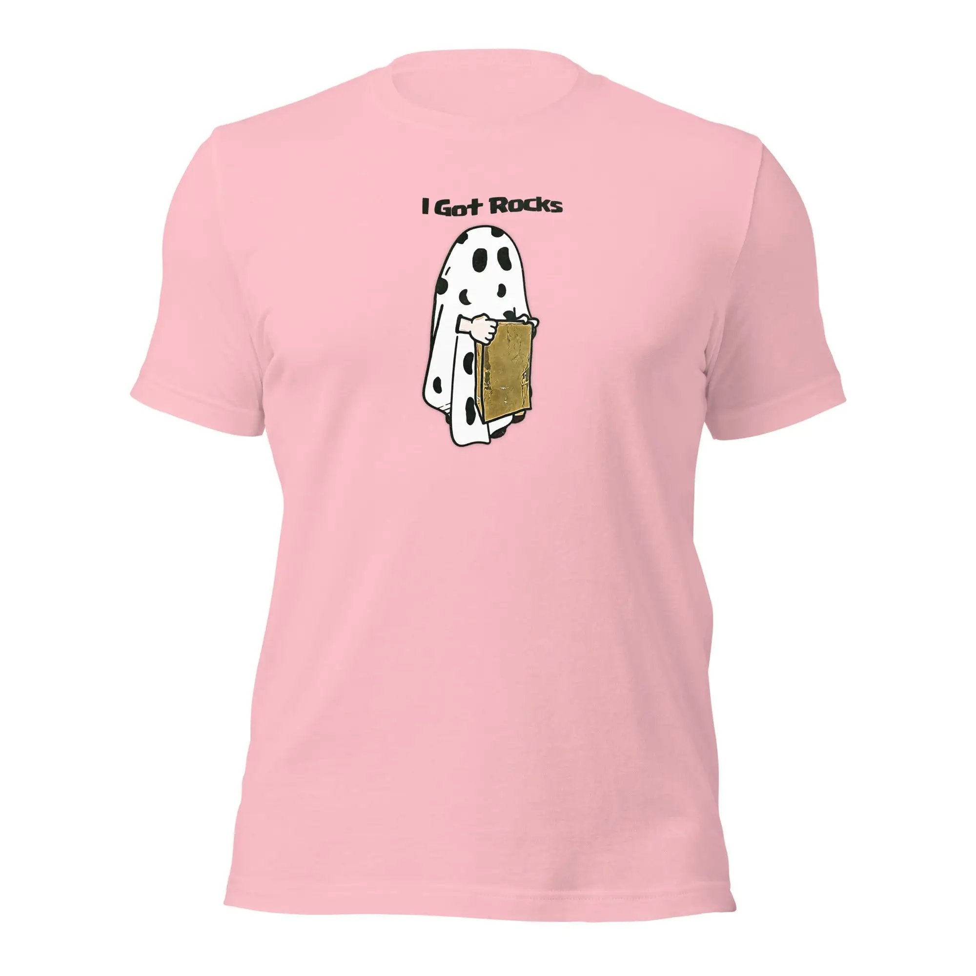 a pink t - shirt with a picture of a dog holding a piece of bread