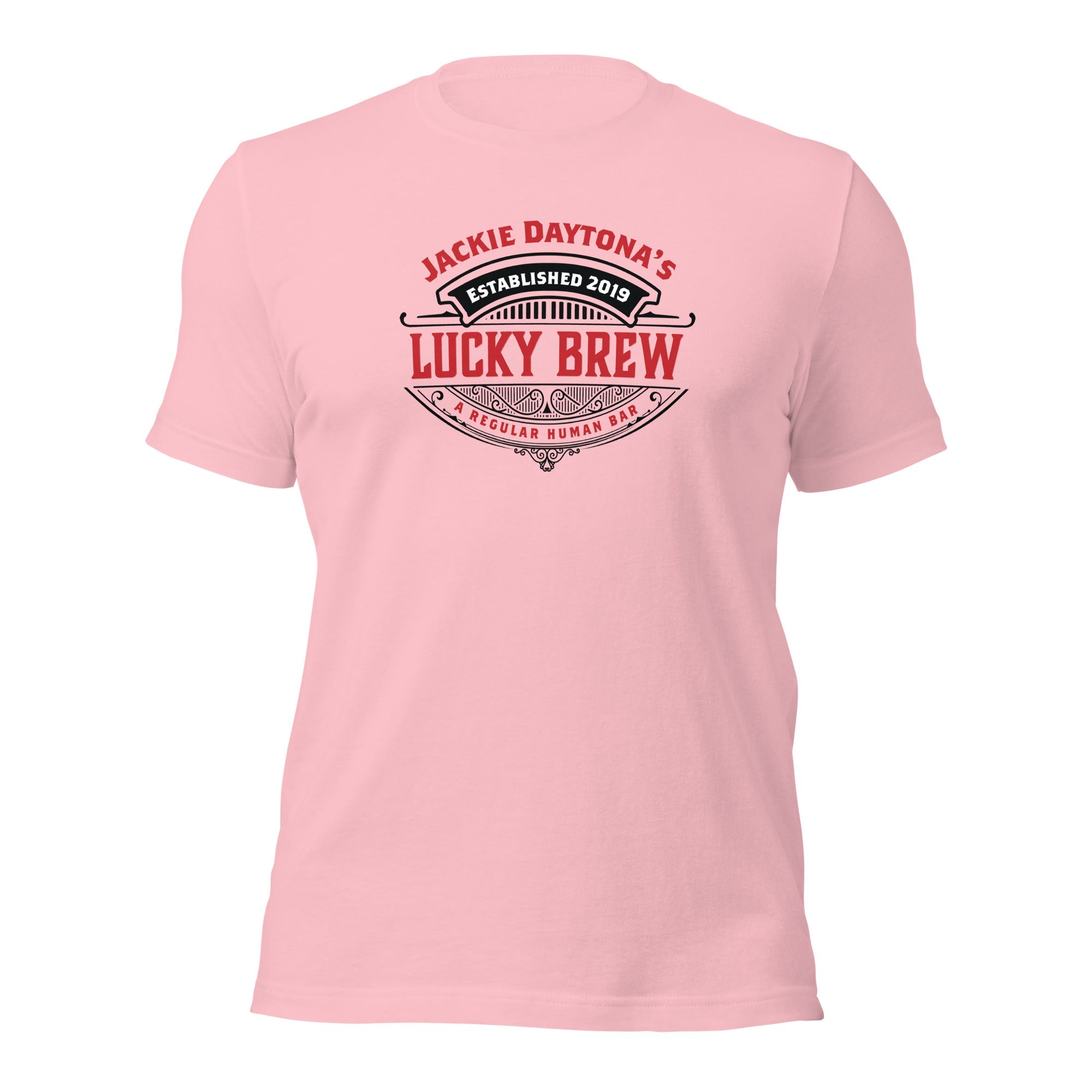 a pink t - shirt with the words lucky brew on it