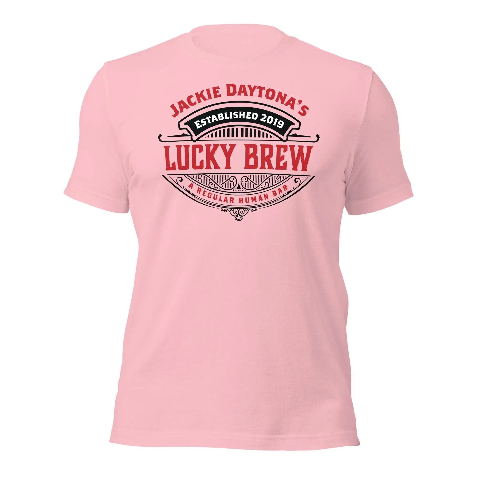 a pink t - shirt with the words lucky brew on it