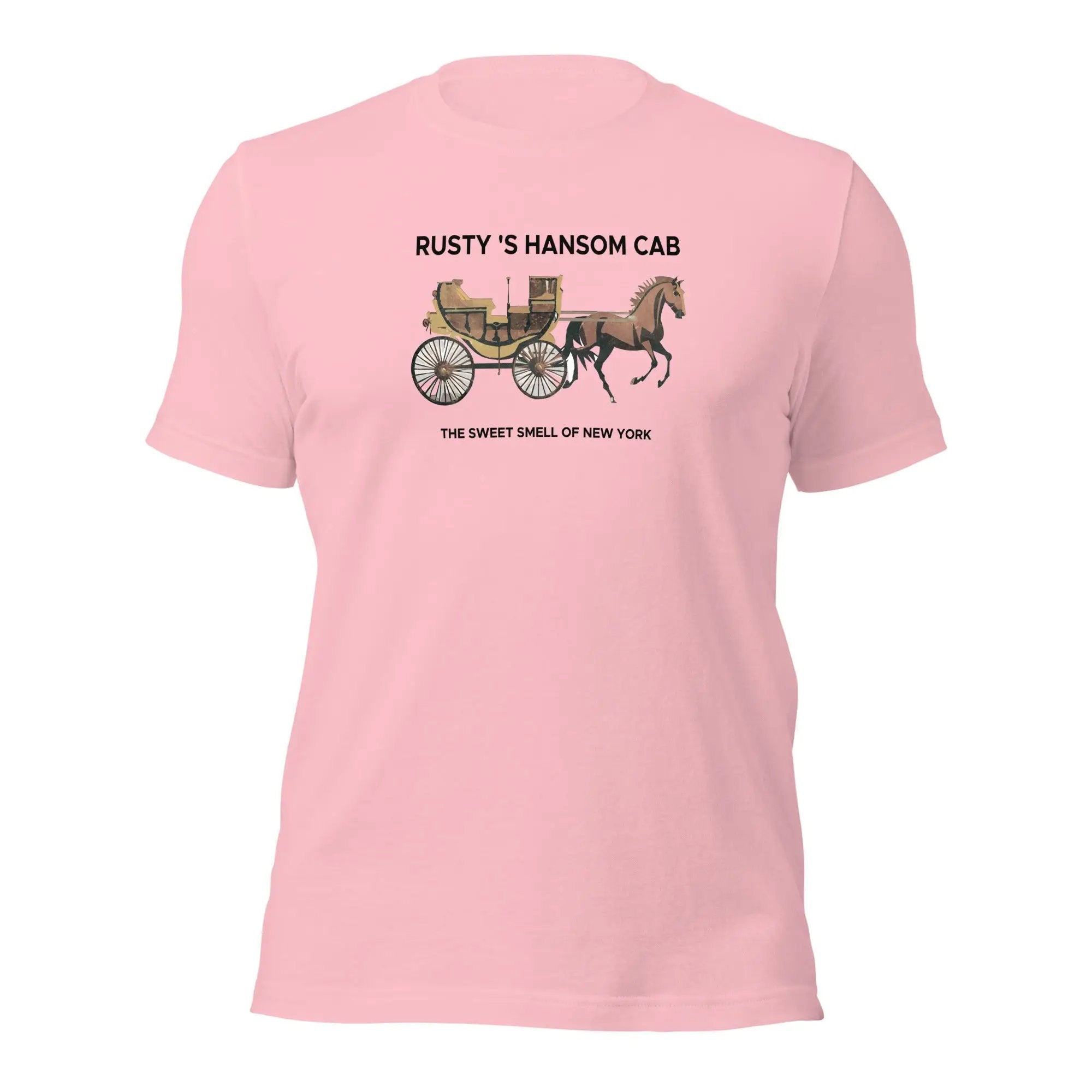 a pink t - shirt with a horse drawn carriage