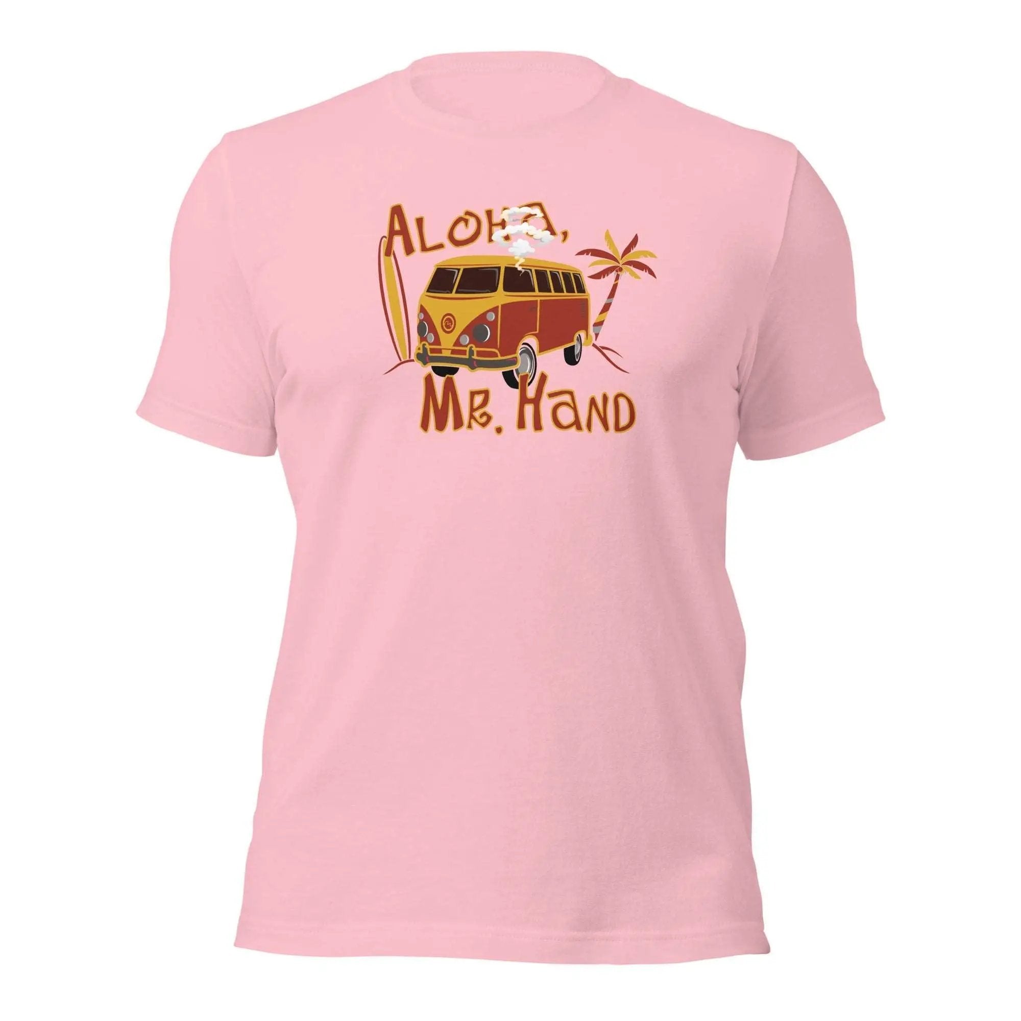 a pink shirt with a vw bus and palm trees