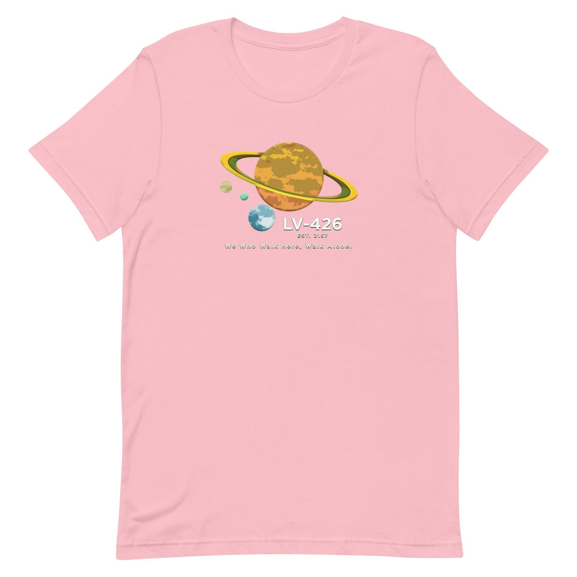 a pink t - shirt with an image of the planet and the words v -