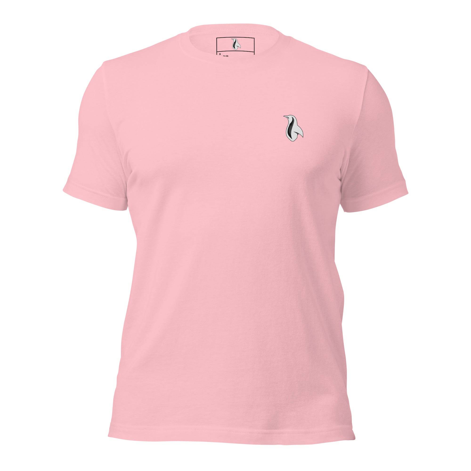 a pink t - shirt with a small penguin on the chest