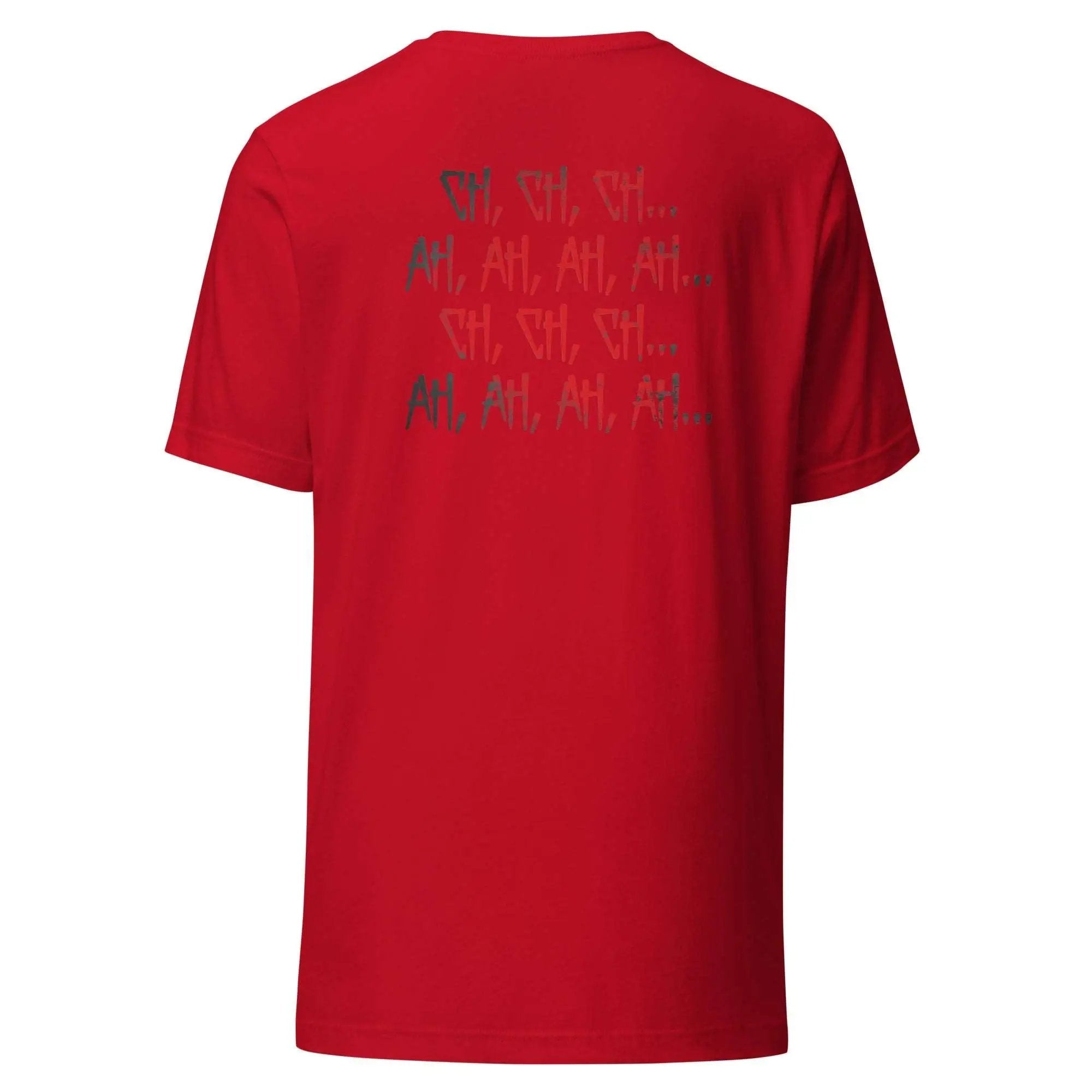 a red t - shirt with a black and green message