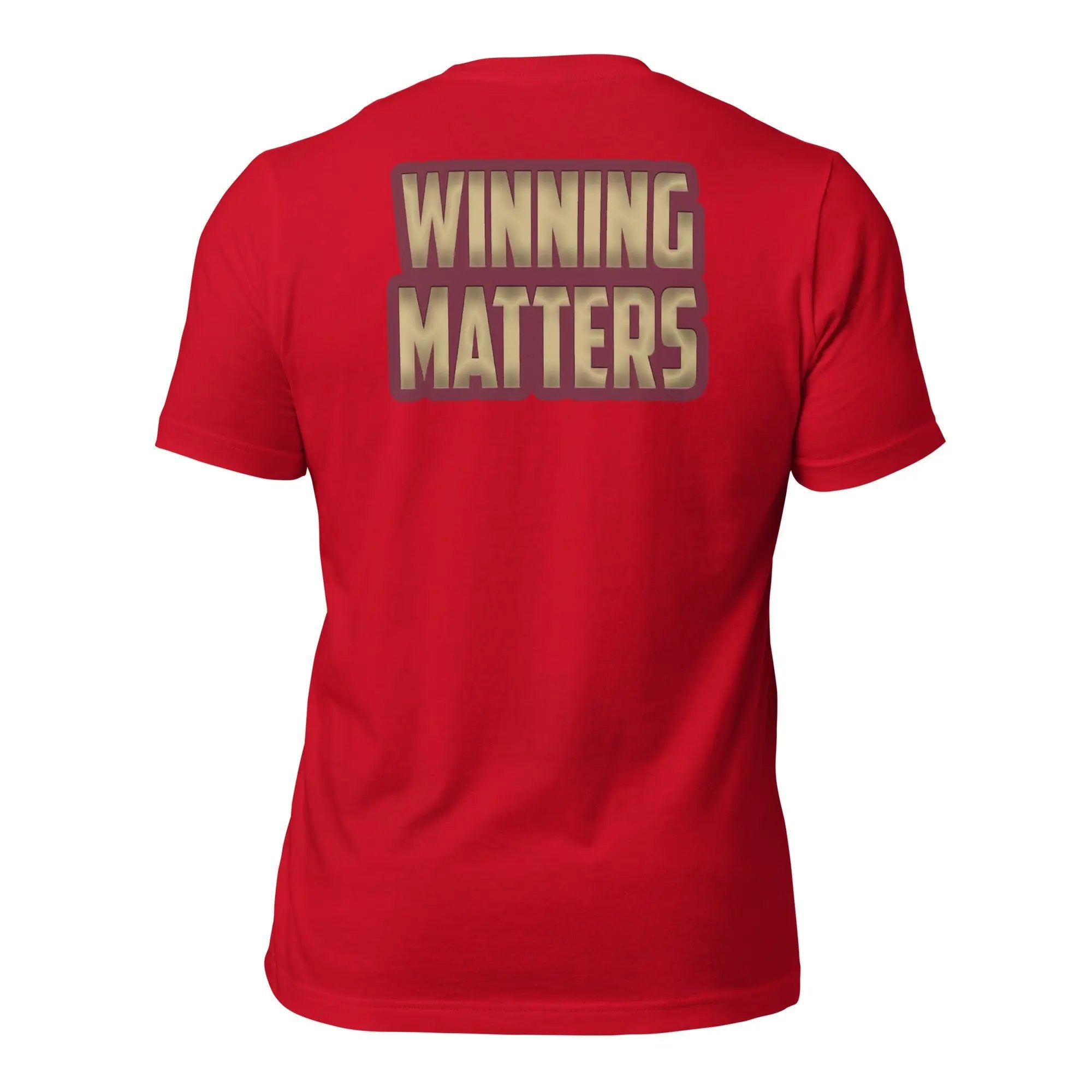 a red shirt with the words winning matters printed on it