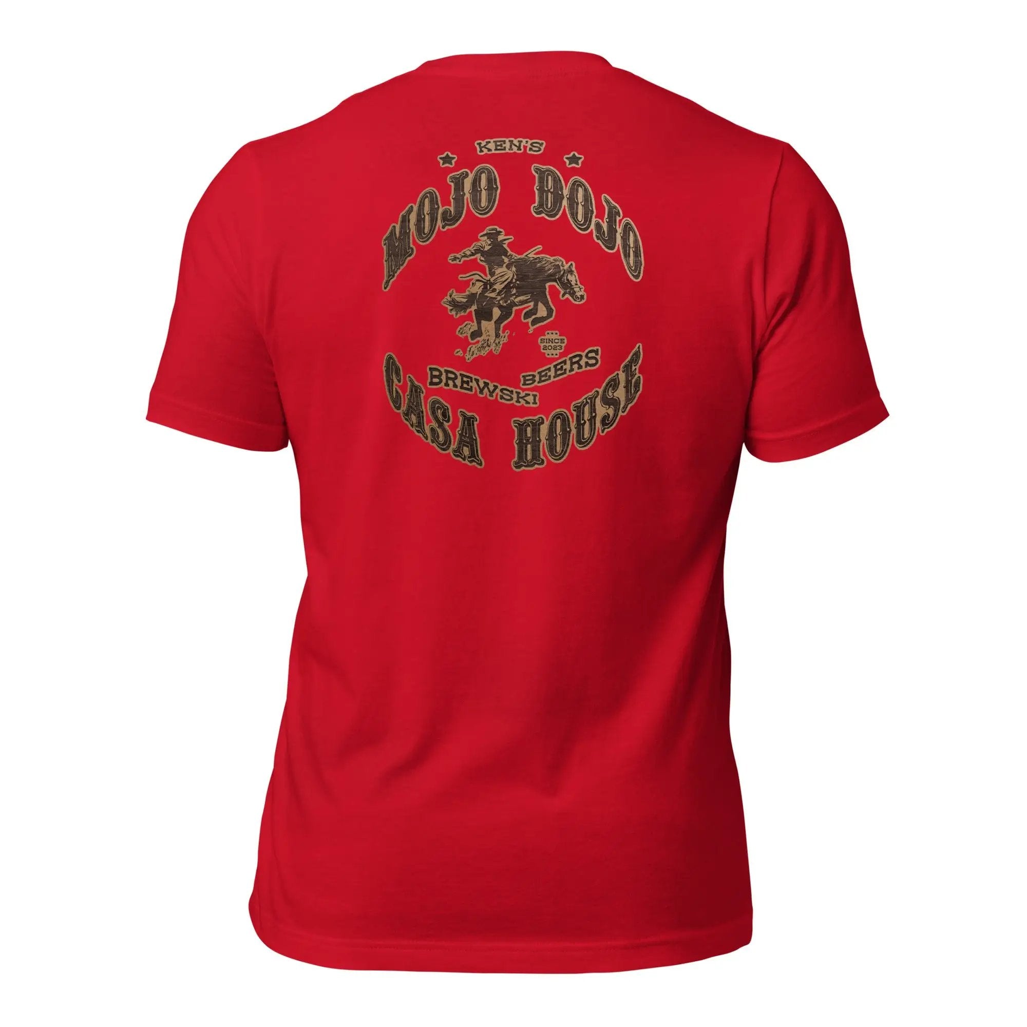 the back of a red shirt with a horse on it