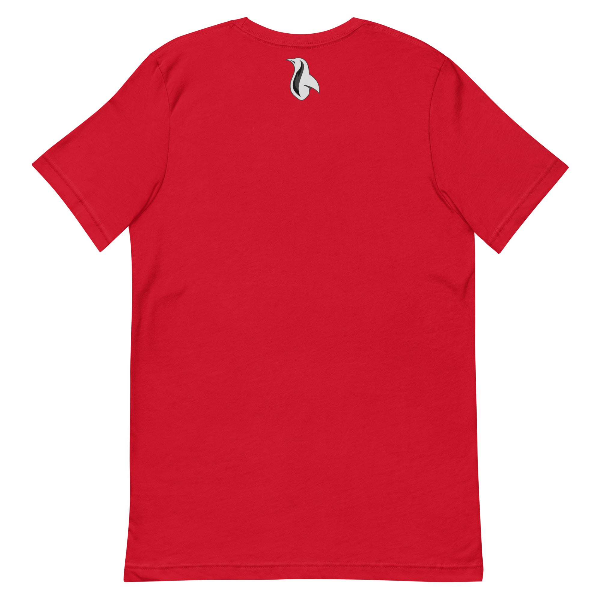 a red t - shirt with a black and white bird on it
