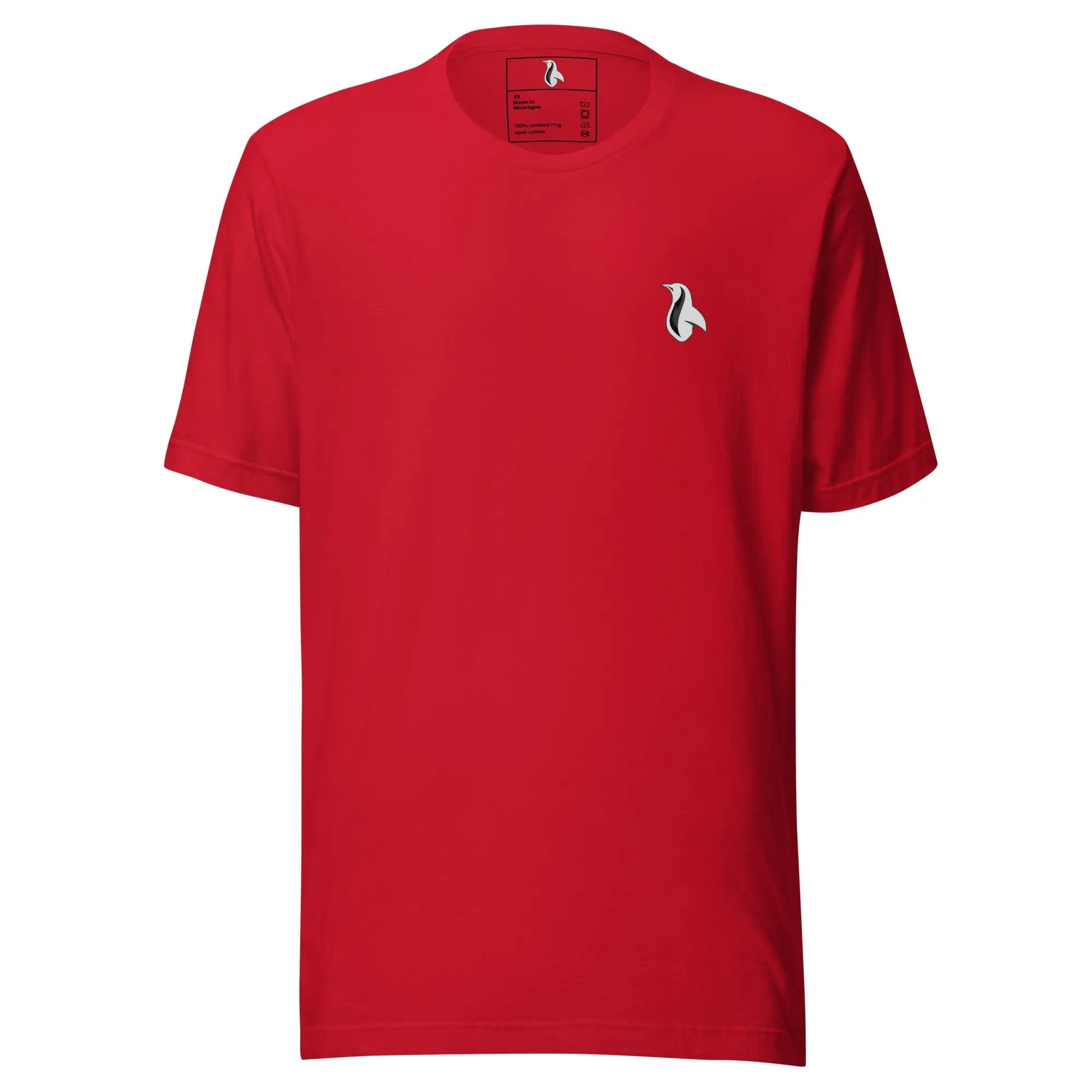 a red t - shirt with a small white bird on it