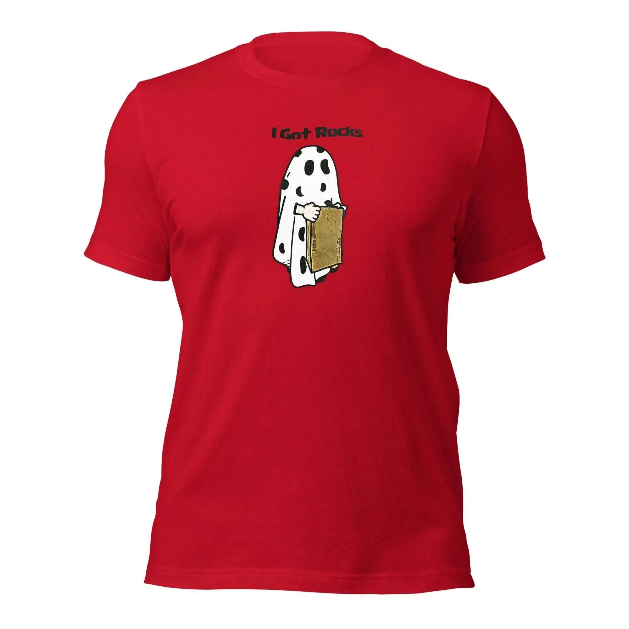 a red t - shirt with a picture of a dog in a pocket