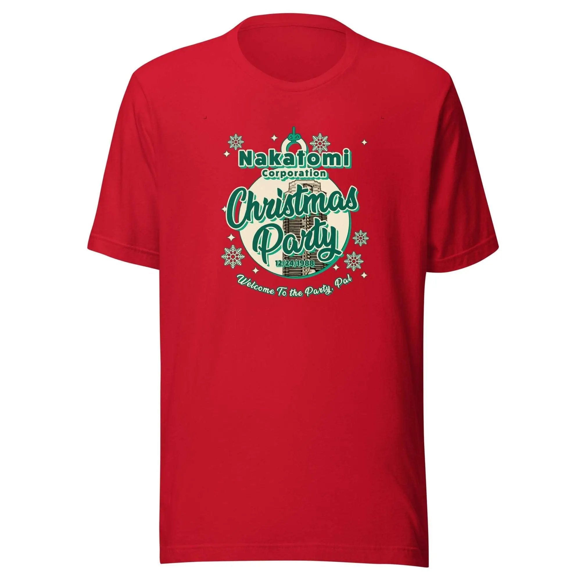a red t - shirt with a christmas party design