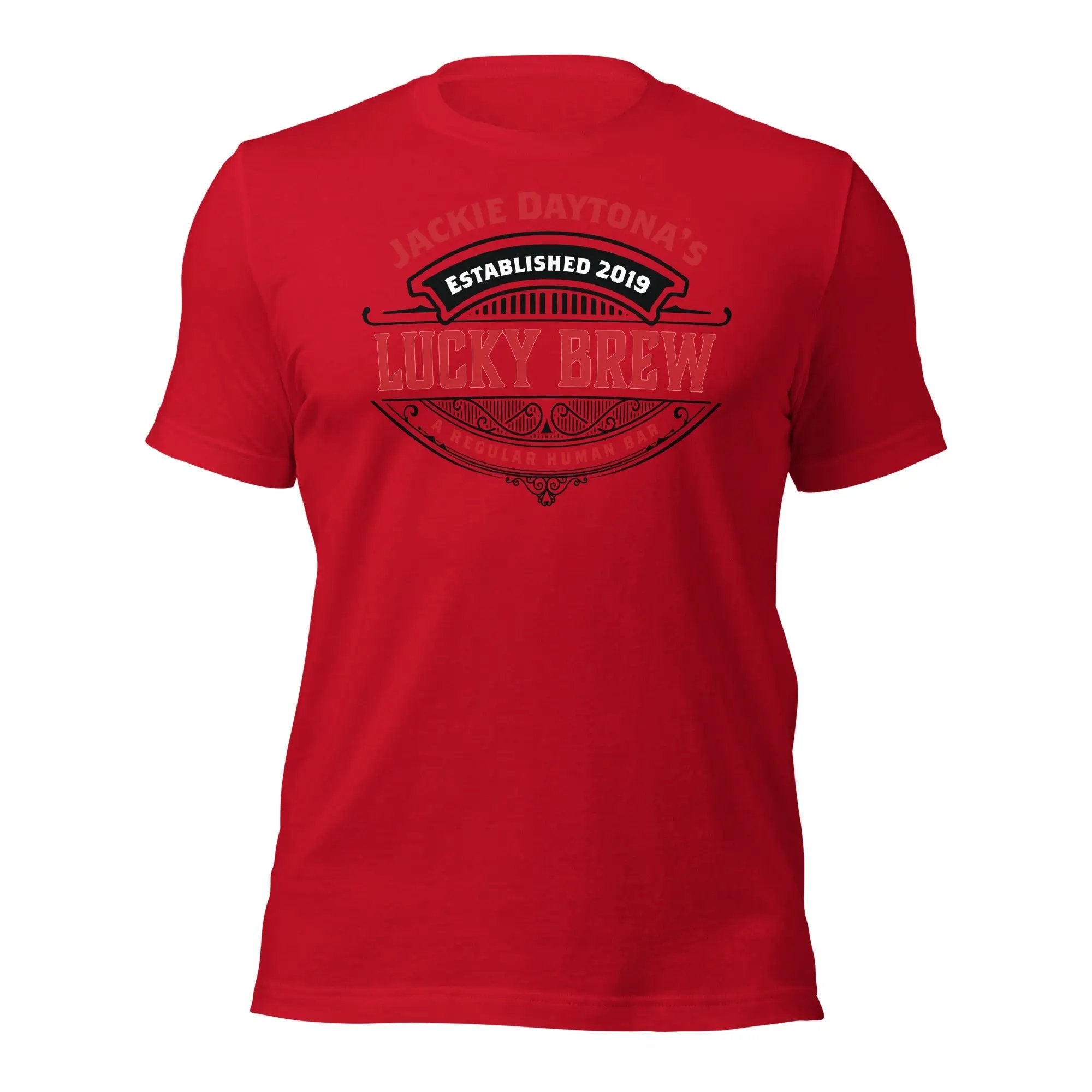 a red t - shirt with the words lucky brew on it