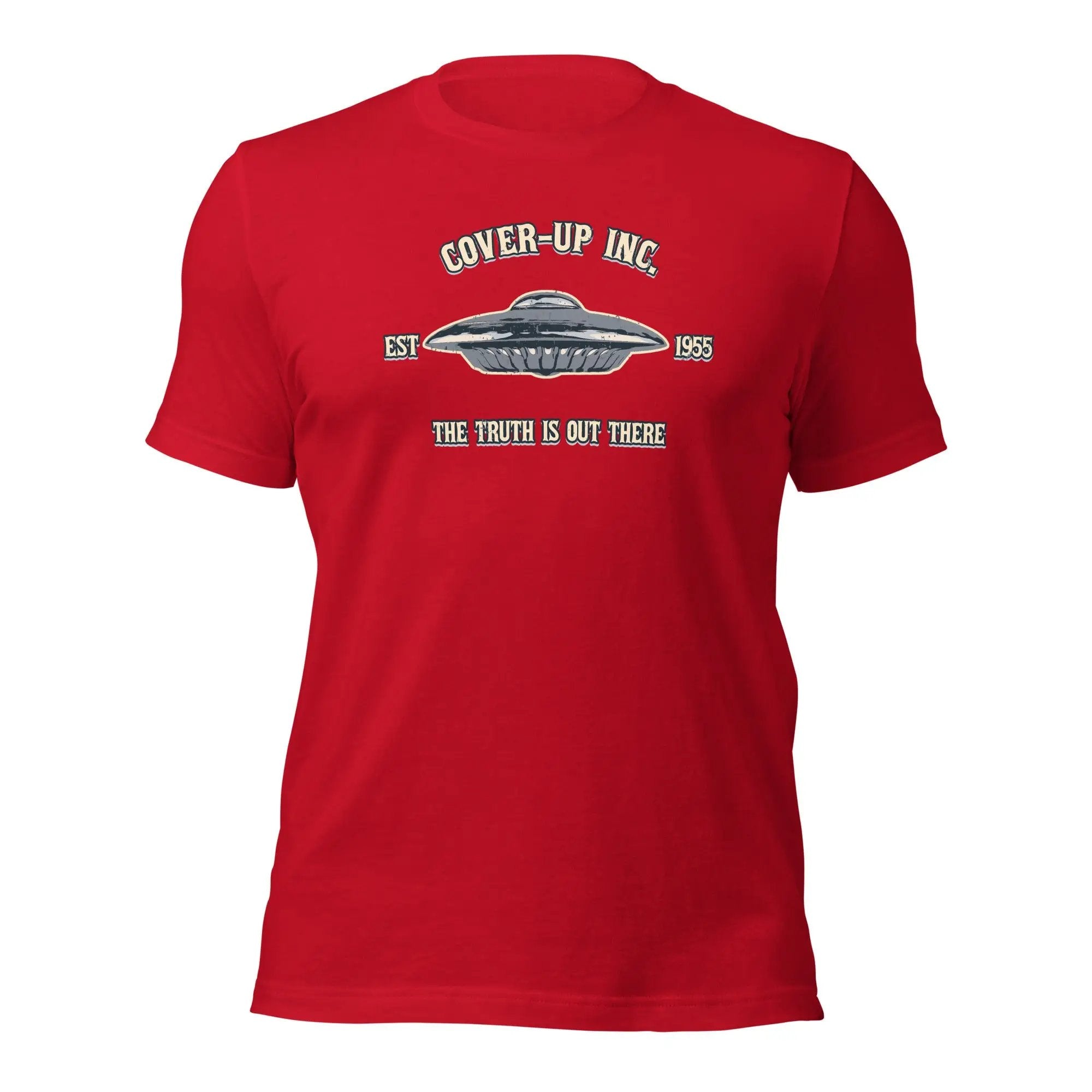 a red t - shirt with the words cover up inc on it
