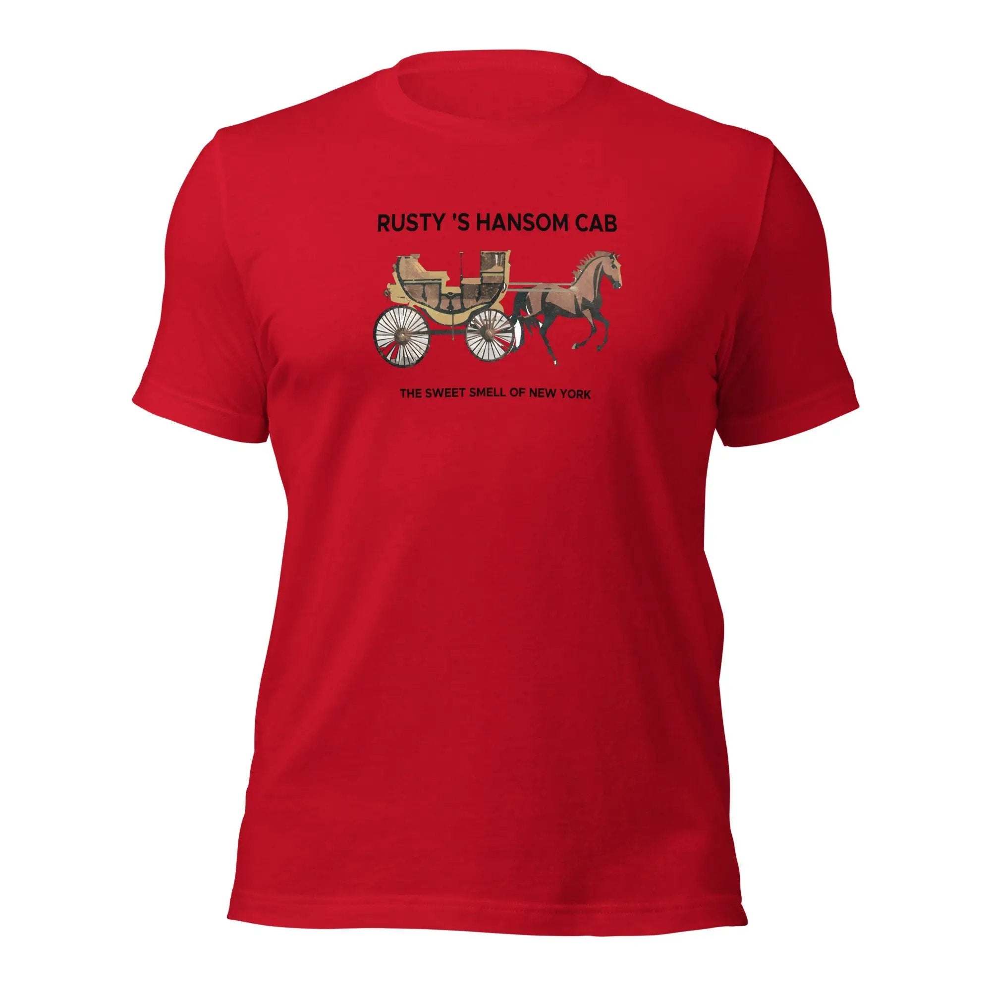 a red t - shirt with a picture of a horse and carriage