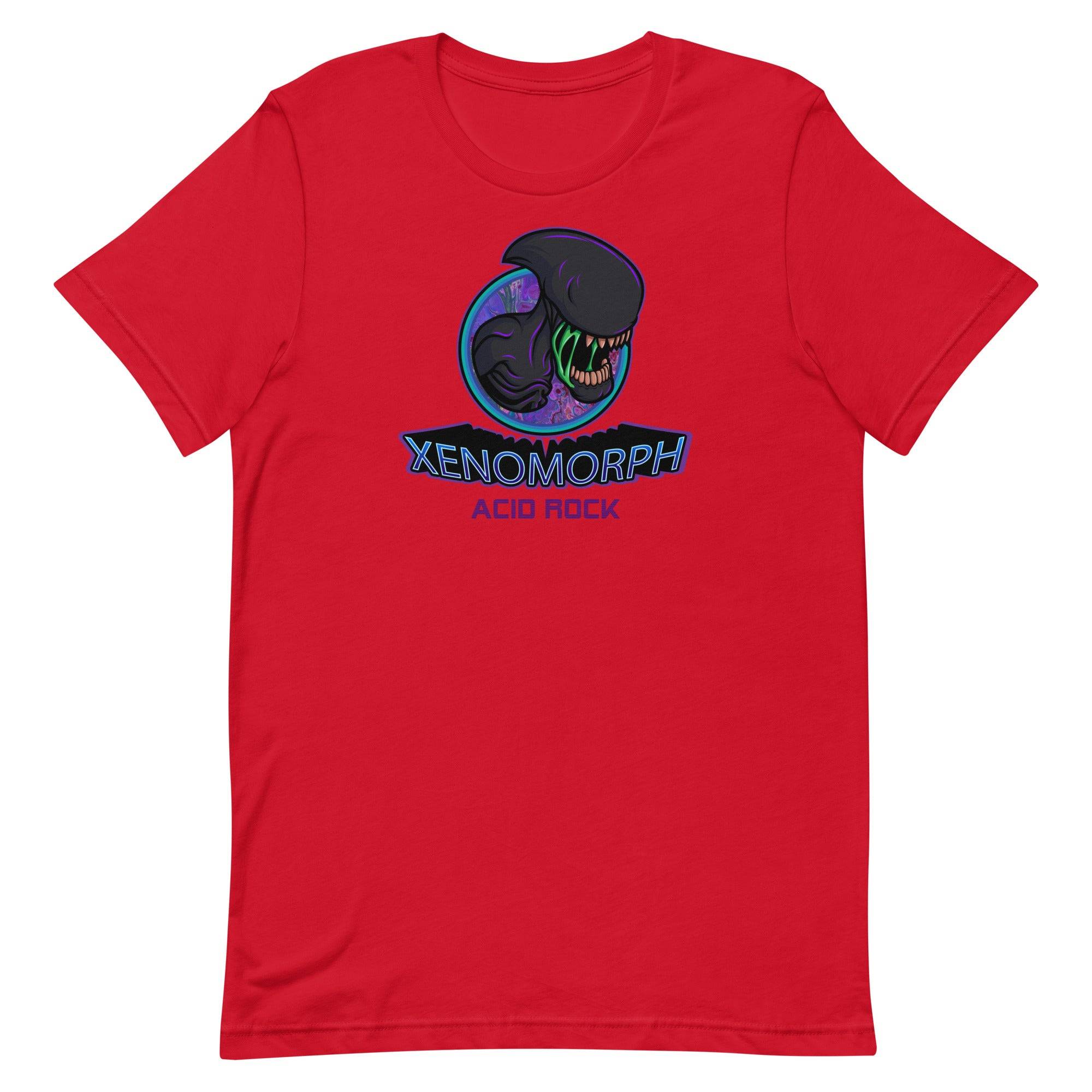 a red t - shirt with an image of a black alien with the words x
