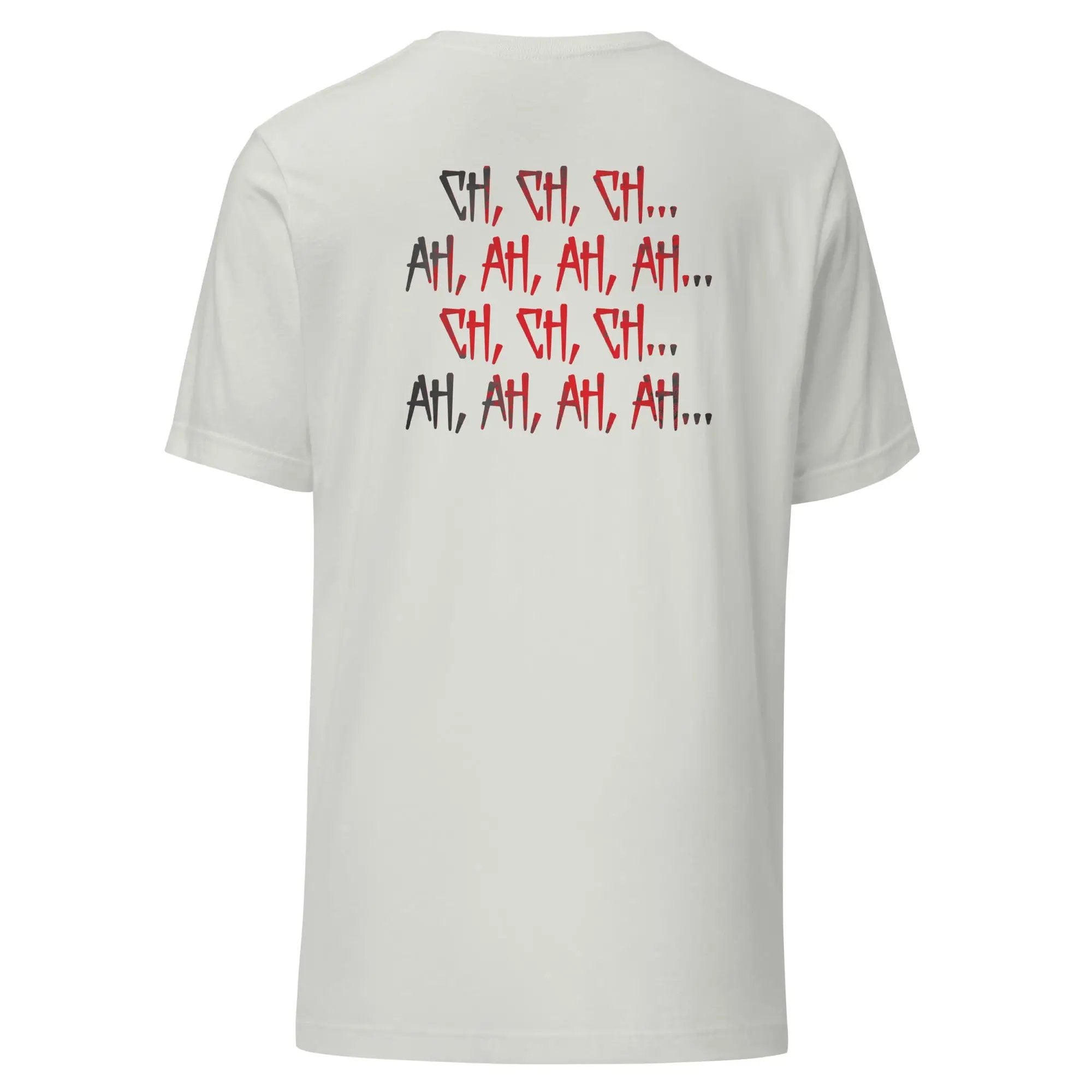 a white t - shirt with red and black letters