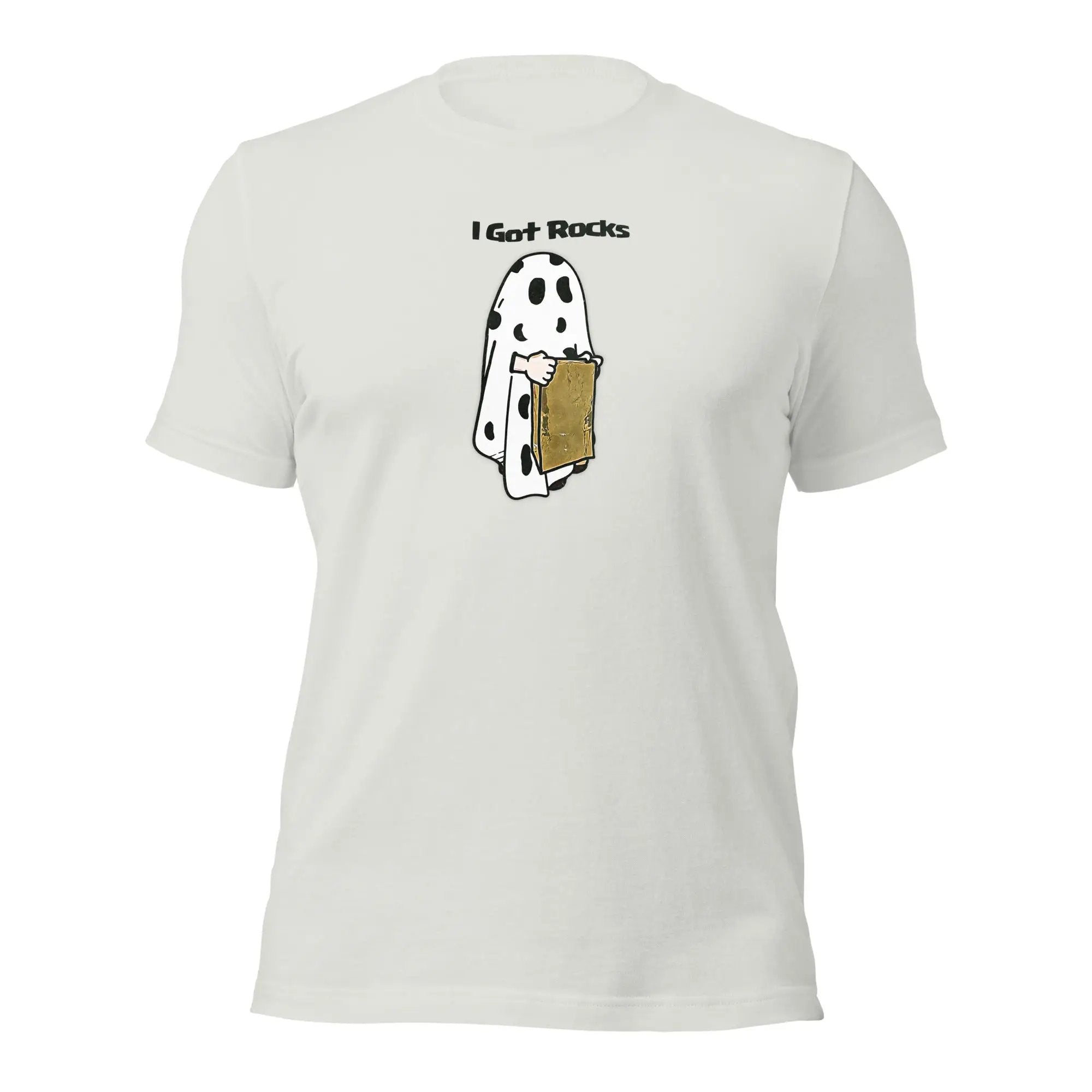 a white t - shirt with a picture of a dog holding a piece of bread