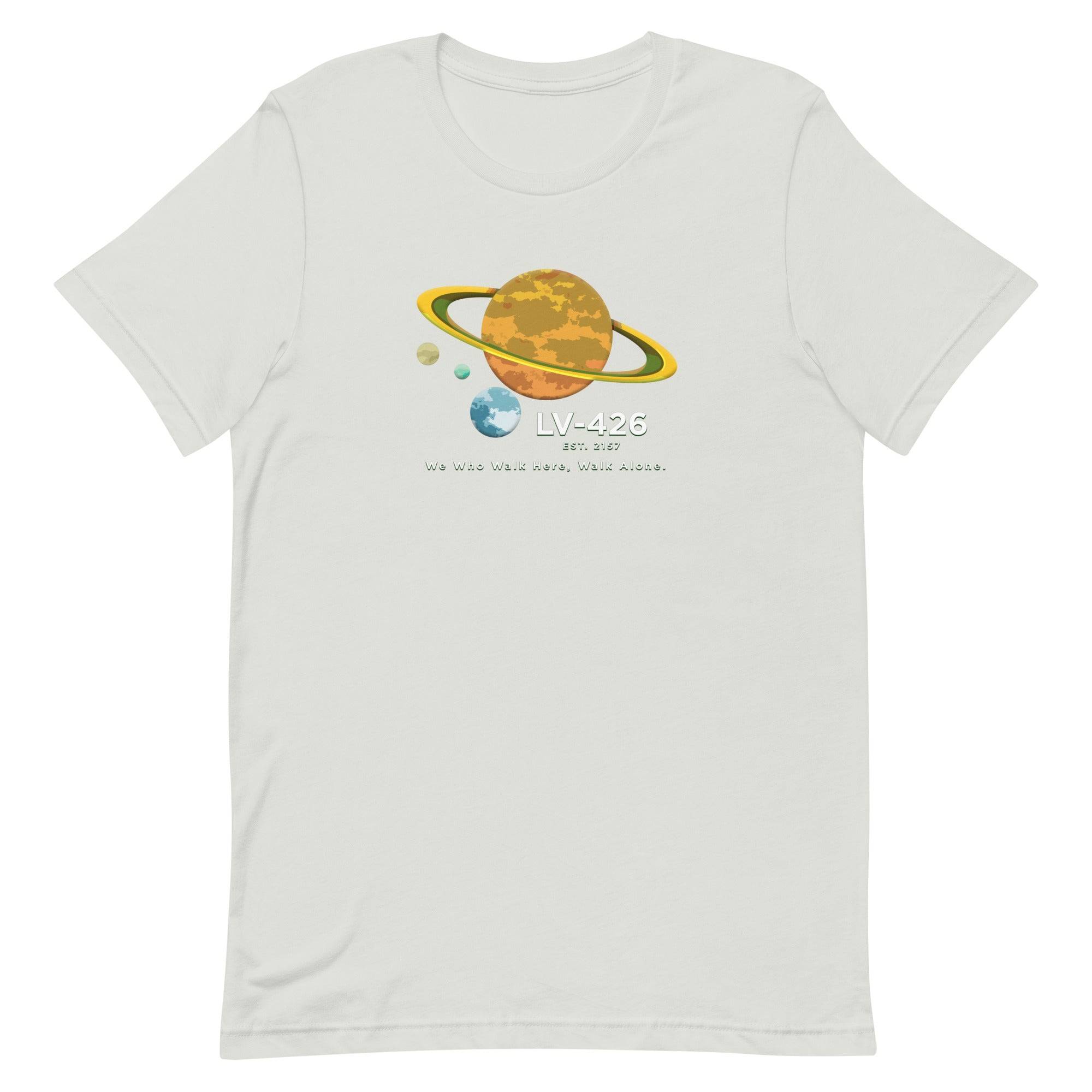 a white t - shirt with an image of the planet and saturn