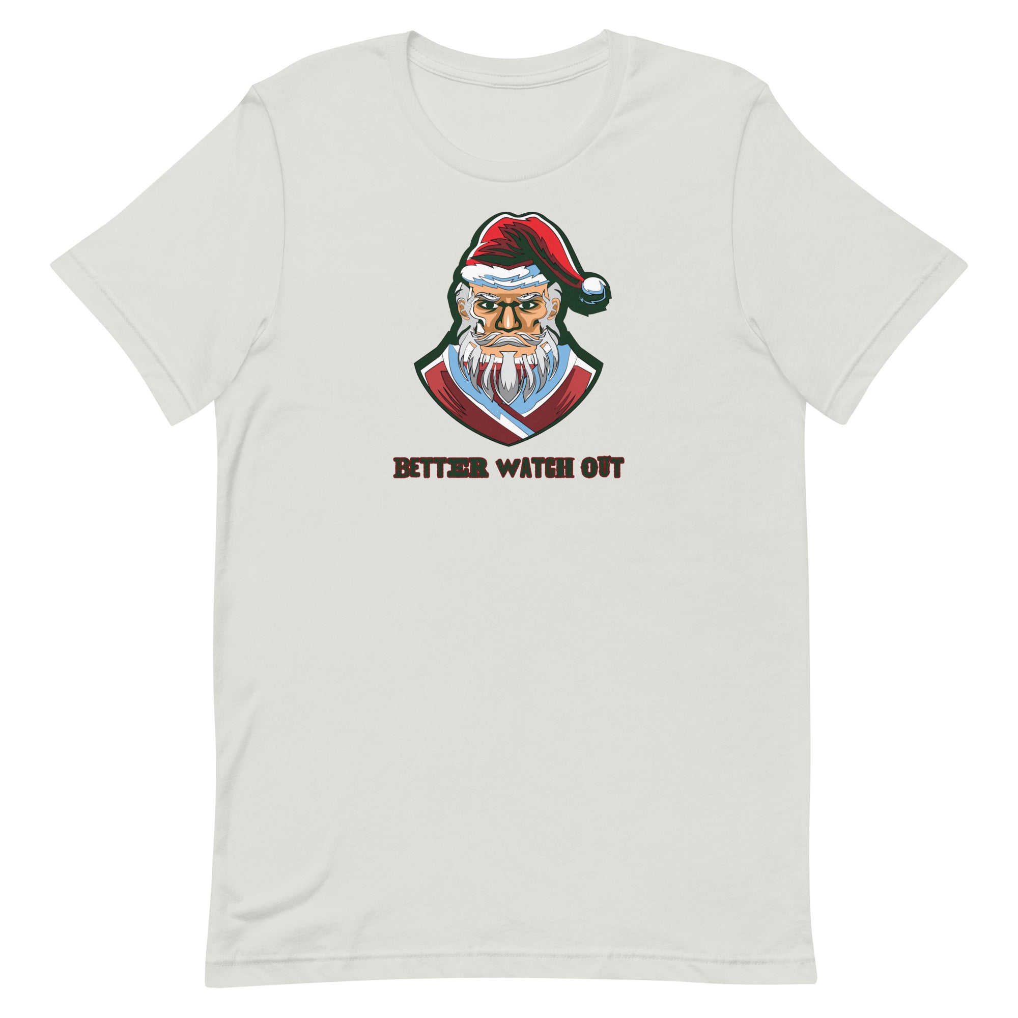 a white t - shirt with an image of a santa clause