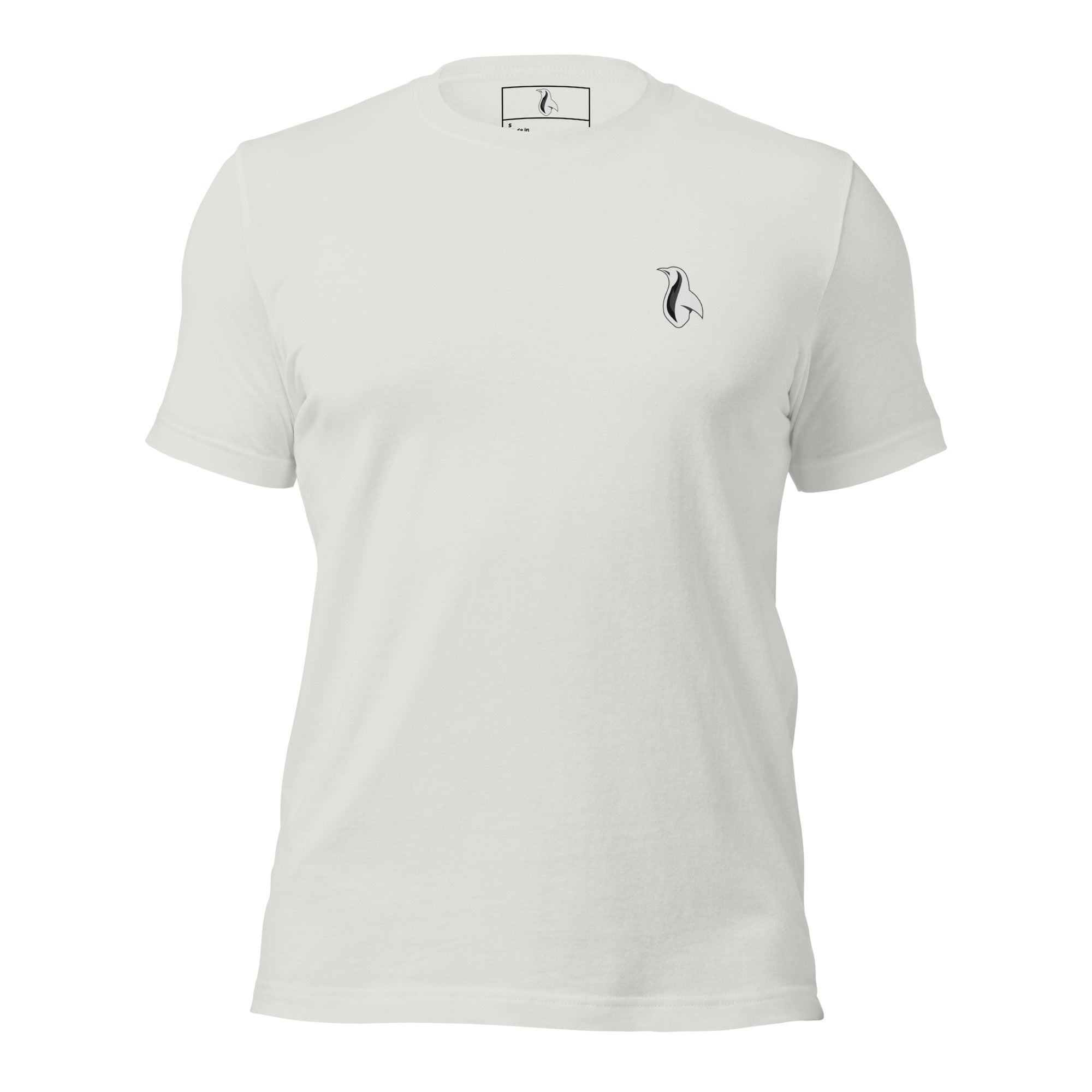 a white t - shirt with a small penguin on the chest