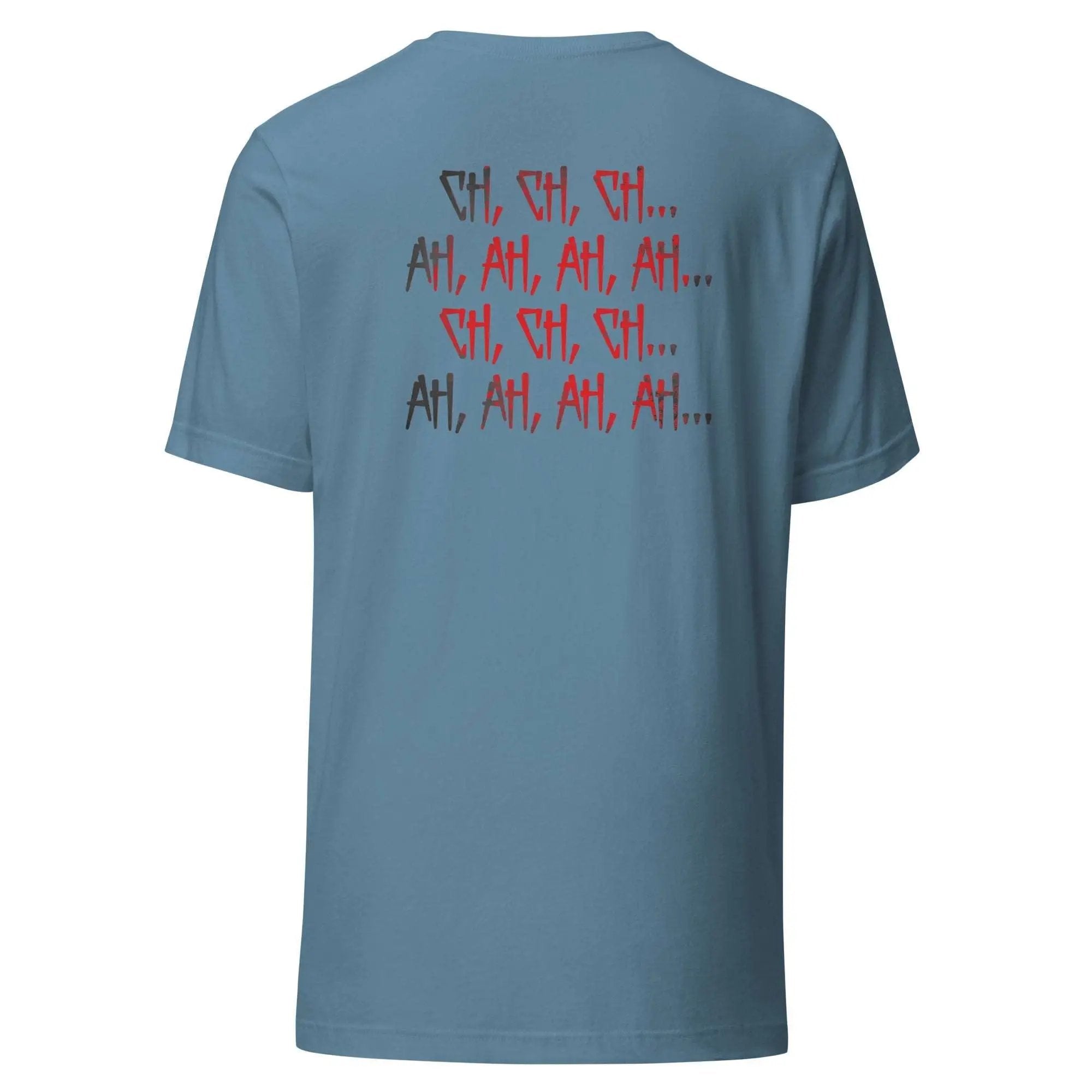 a blue t - shirt with red writing on it