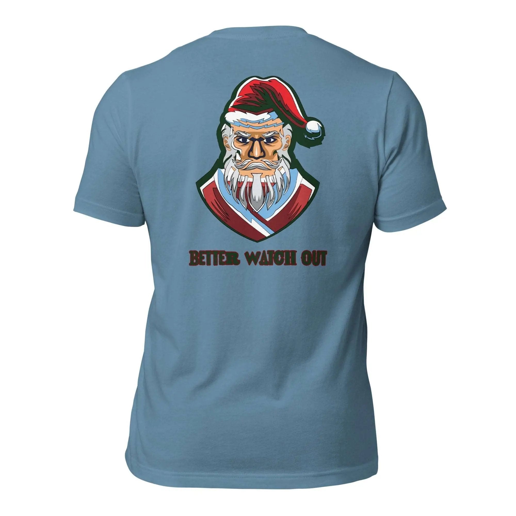 a blue t - shirt with a santa clause on it