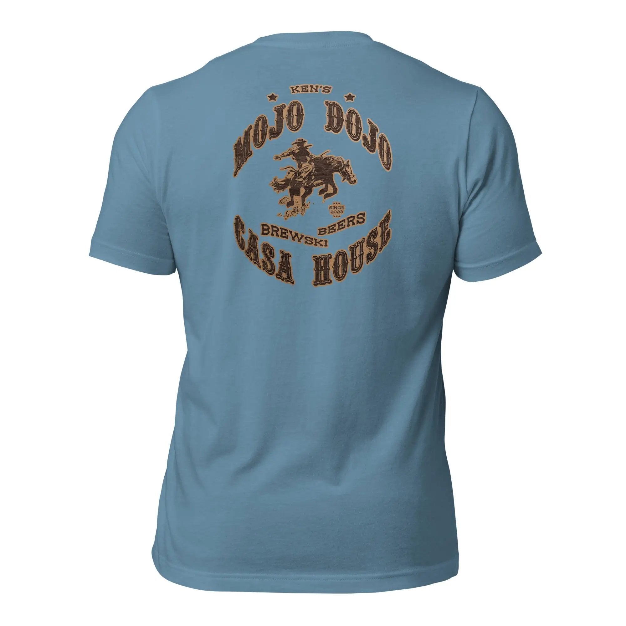 the back of a blue t - shirt with an image of a cowboy riding a