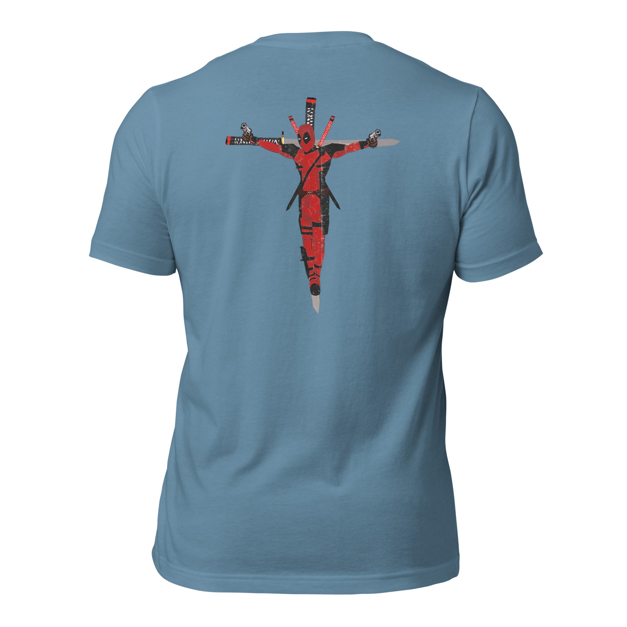 a blue t - shirt with a picture of a man on the cross
