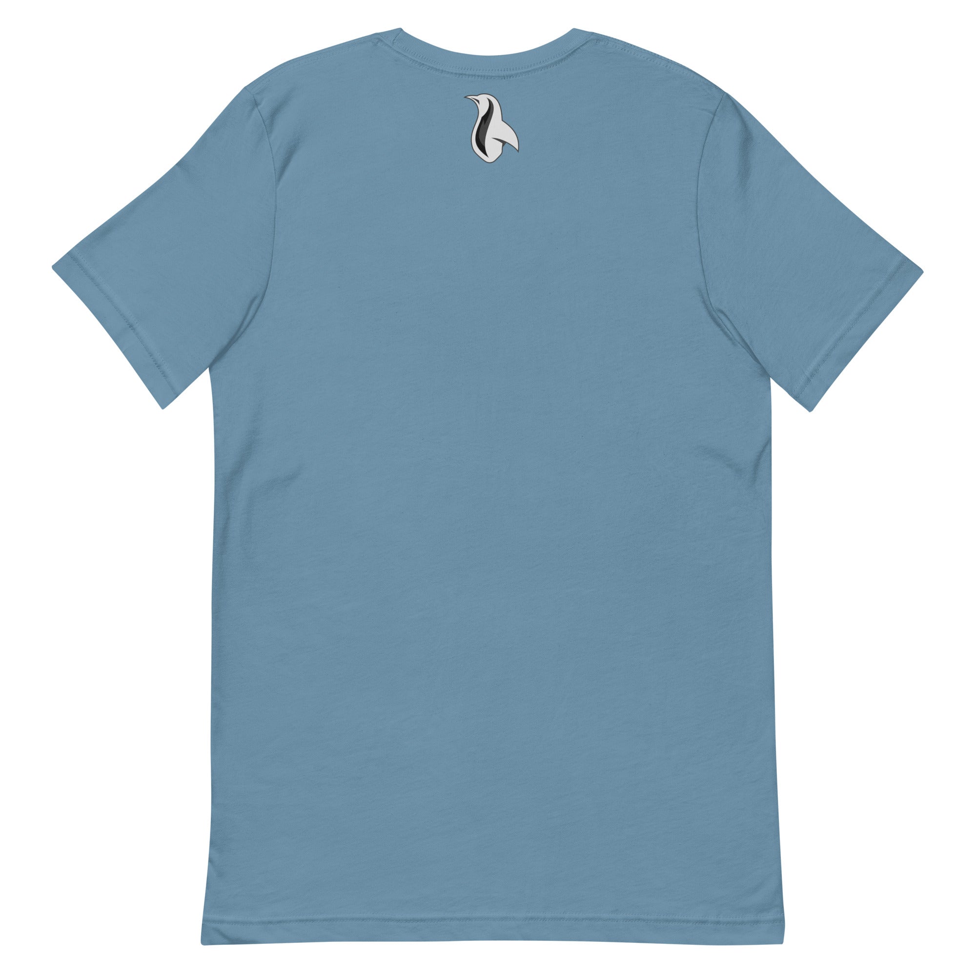 a blue t - shirt with a white bird on it